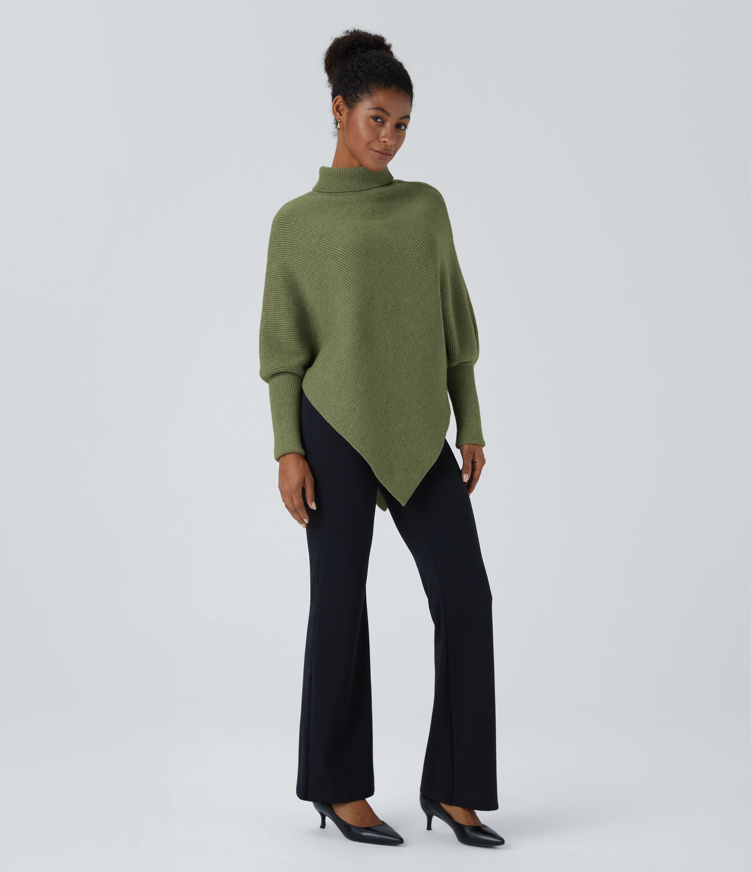 Halara High Neck Long Sleeve Asymmetric Hem Work Sweater  - Deep Sage - XS 