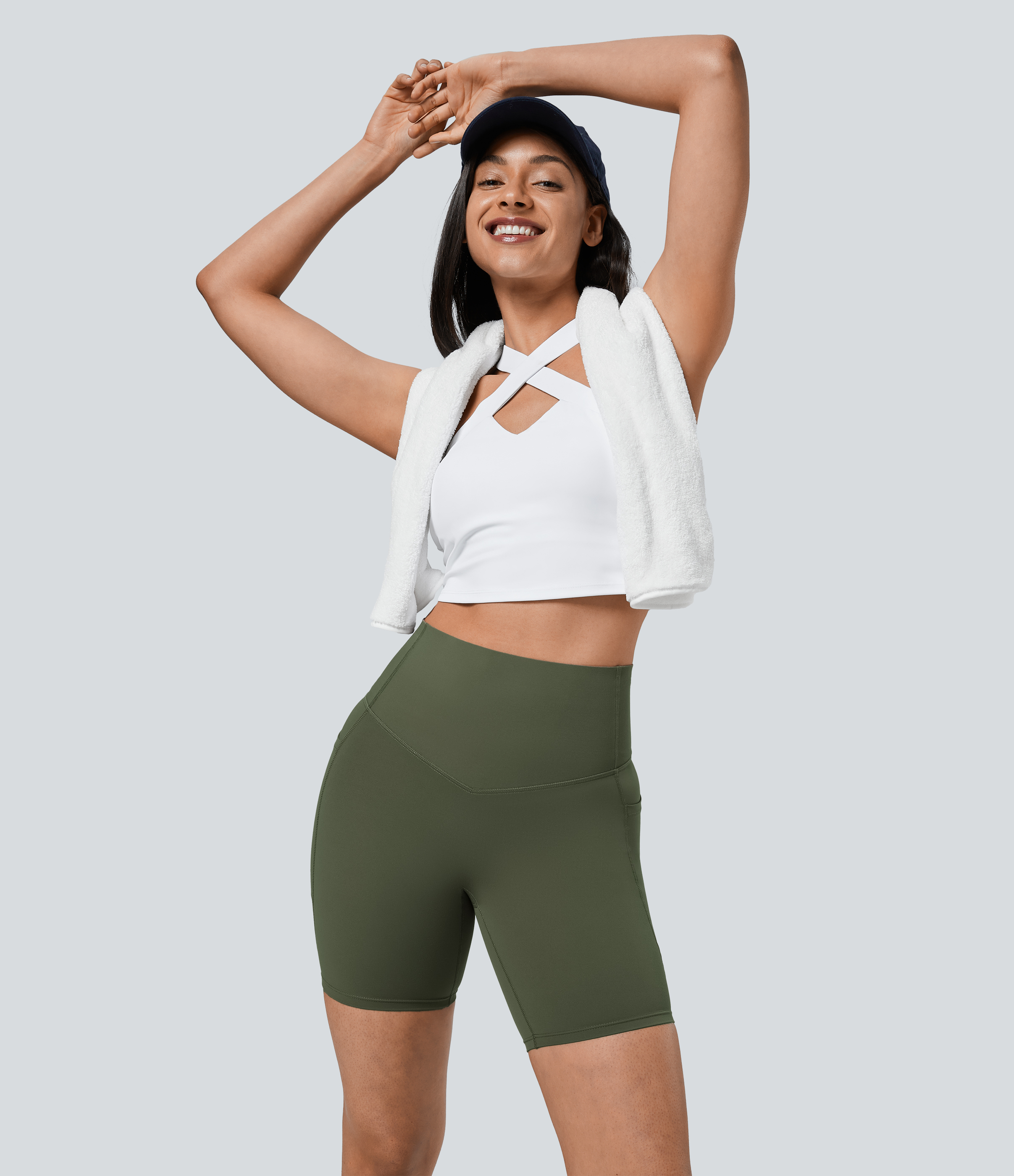Halara SoCinched High Waisted Tummy Control Side Pocket Shaping Training Biker Shorts 7``  - Deep Woodland Green - L biker shorts women 