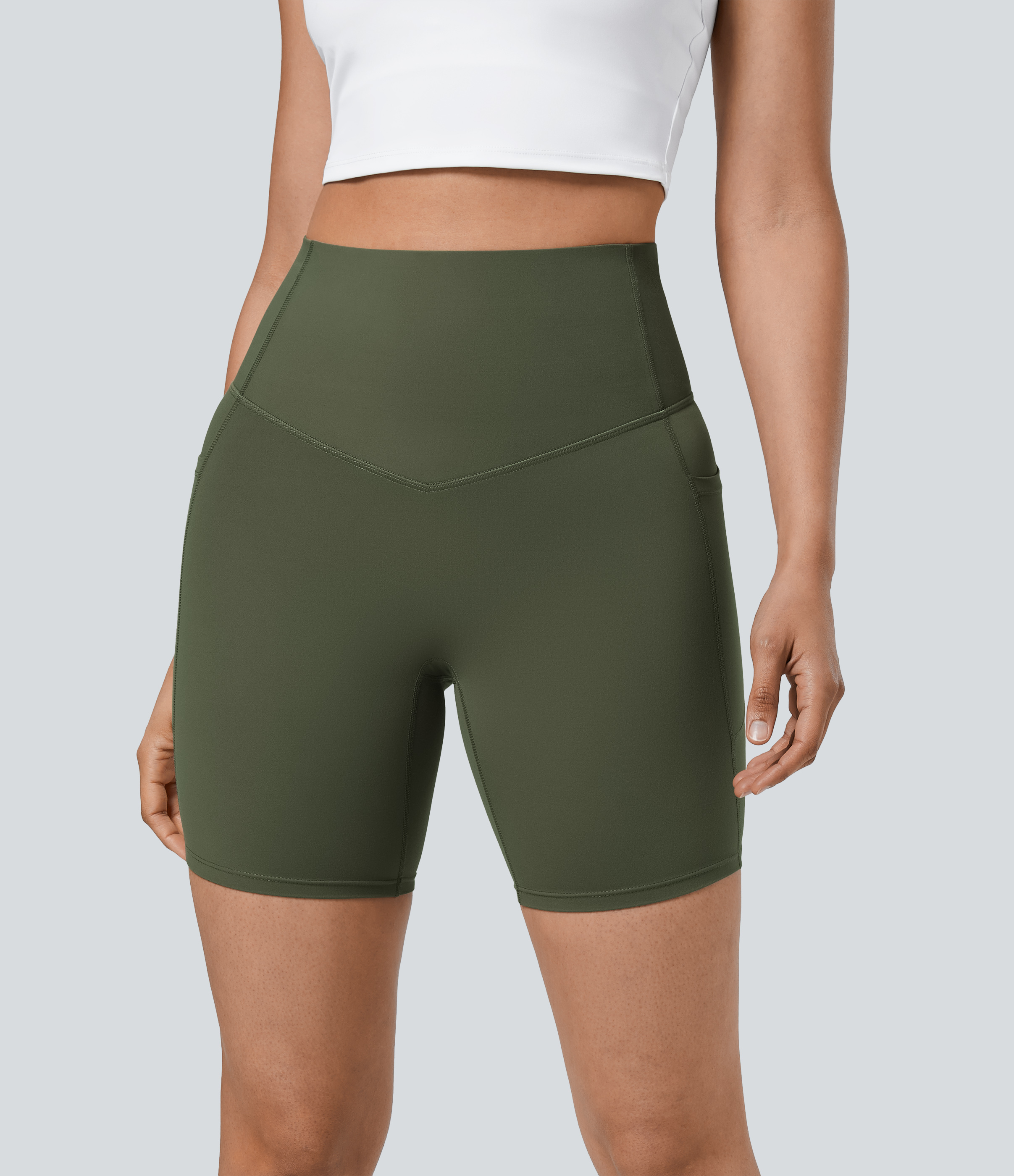 Halara SoCinched High Waisted Tummy Control Side Pocket Shaping Training Biker Shorts 7``  - Deep Woodland Green - L biker shorts women 