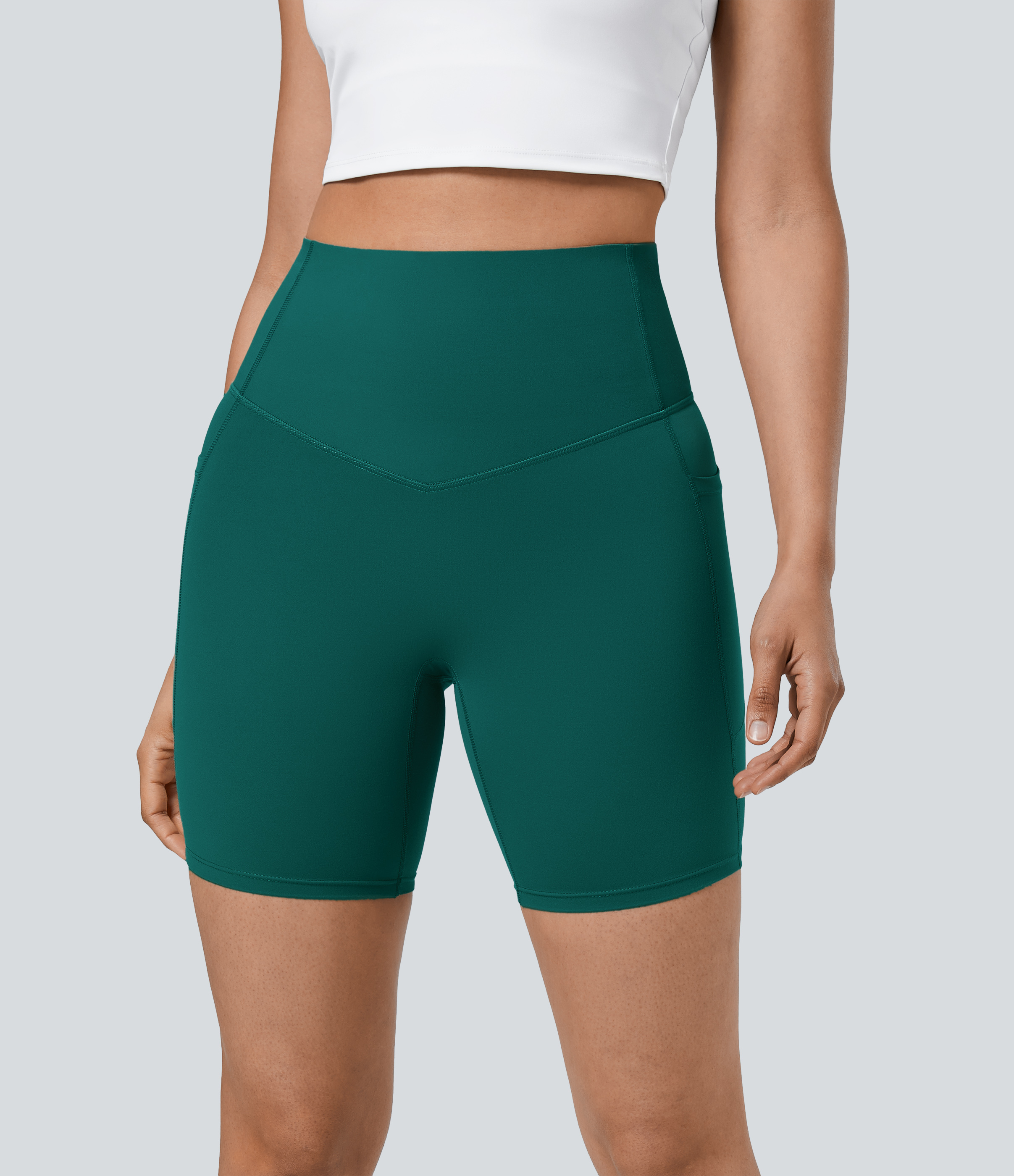 Halara SoCinched High Waisted Tummy Control Side Pocket Shaping Training Biker Shorts 7``  - June Bug - XS biker shorts women 