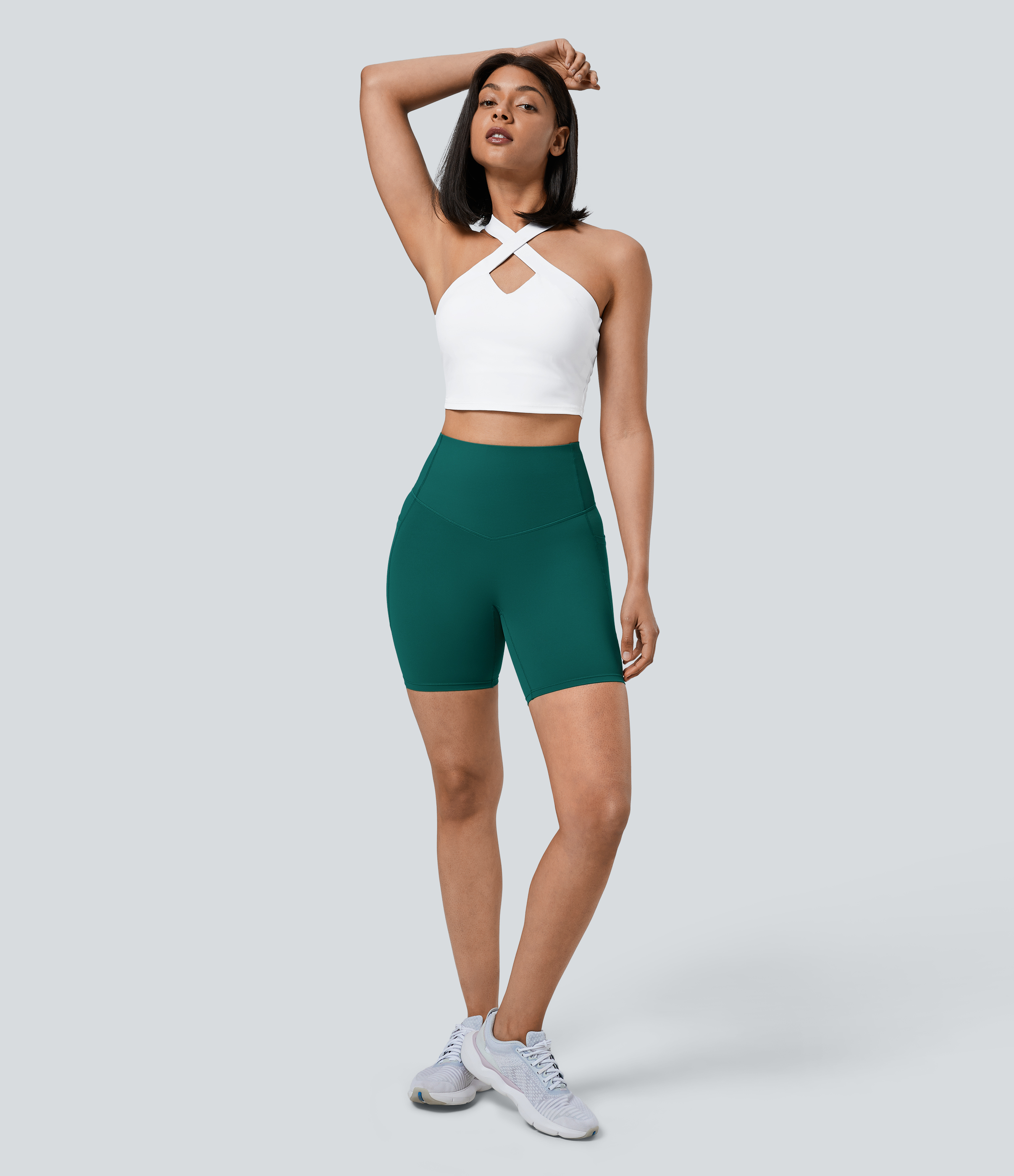 Halara SoCinched High Waisted Tummy Control Side Pocket Shaping Training Biker Shorts 7``  - June Bug - XS biker shorts women 