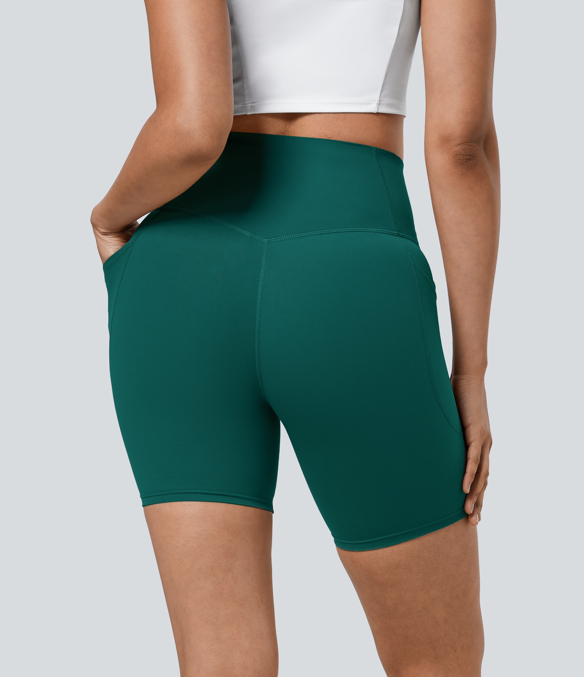 Halara SoCinched High Waisted Tummy Control Side Pocket Shaping Training Biker Shorts 7``  - June Bug - XS biker shorts women 