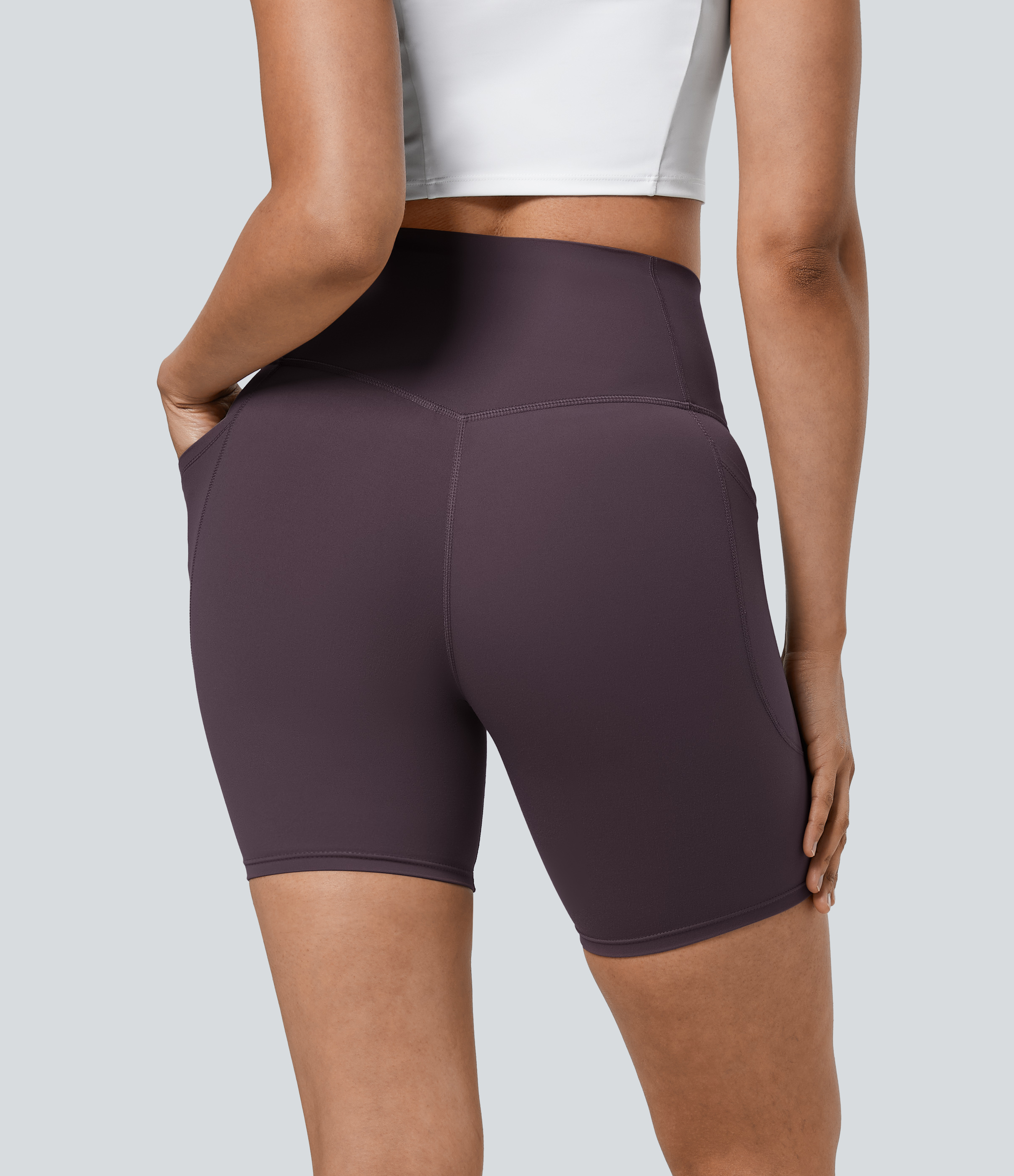 Halara SoCinched High Waisted Tummy Control Side Pocket Shaping Training Biker Shorts 7``  - Night`s Purple - M biker shorts women 