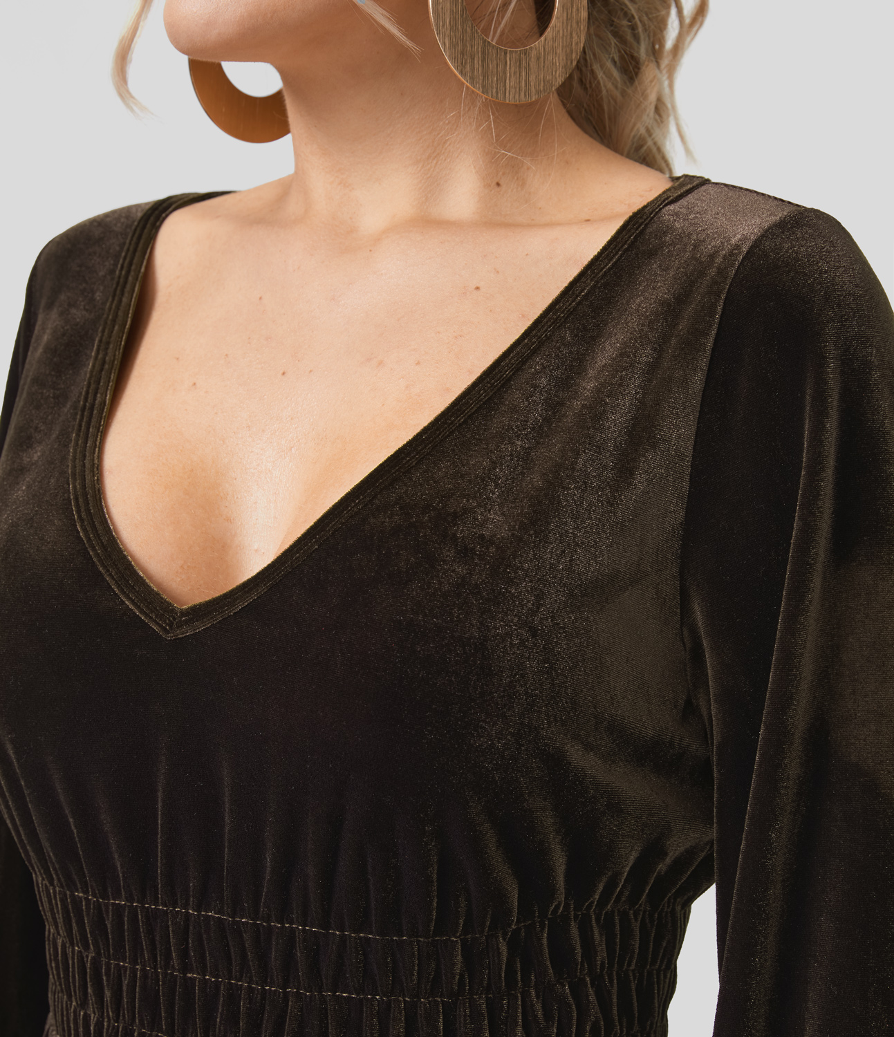 Halara Deep V Neck Long Sleeve Shirred Ruffle Hem Velvet Mini Casual Dress Casual Dress - Charcoal Brown - S slip dress beach dress 
