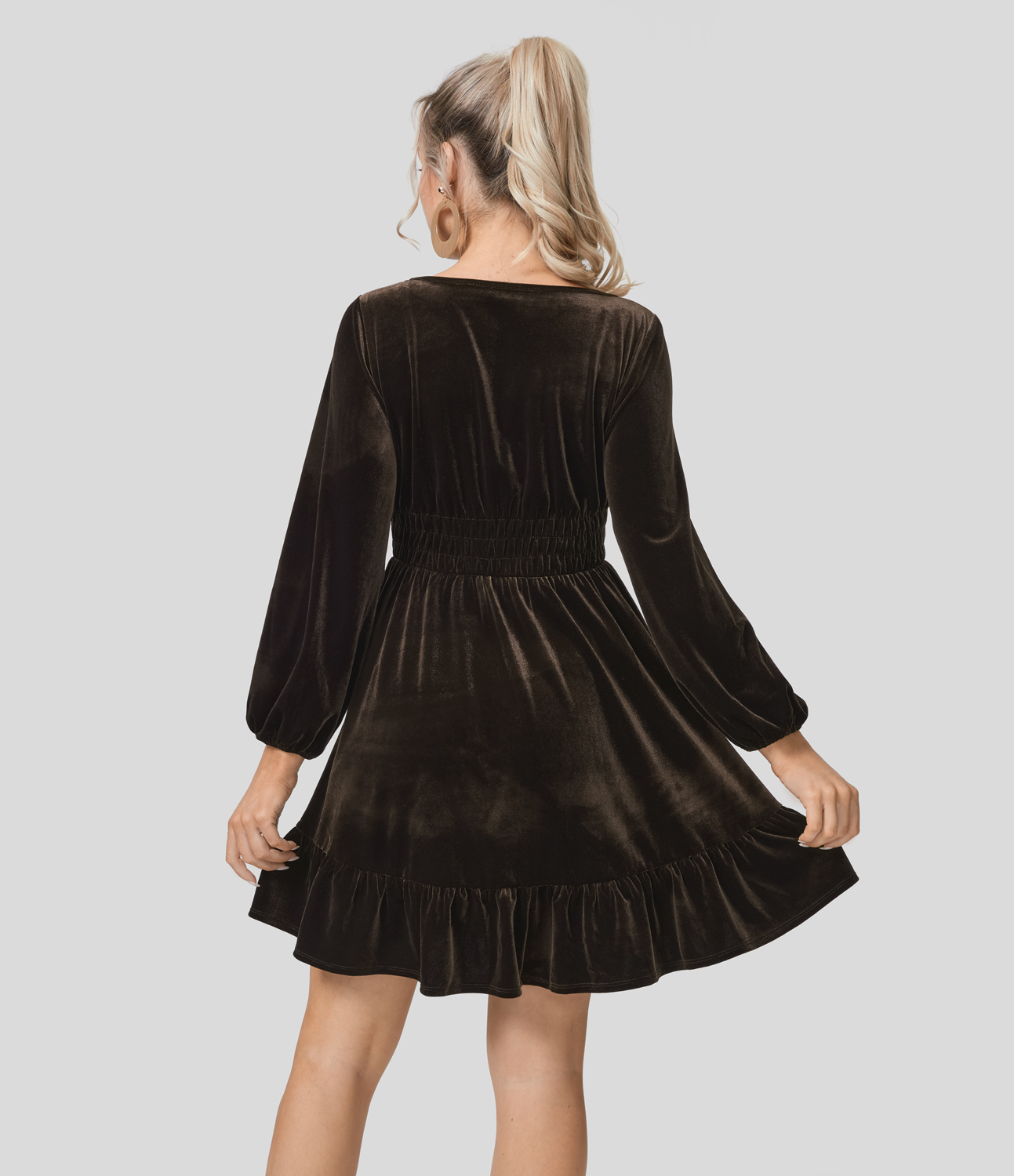 Halara Deep V Neck Long Sleeve Shirred Ruffle Hem Velvet Mini Casual Dress Casual Dress - Charcoal Brown - S slip dress beach dress 