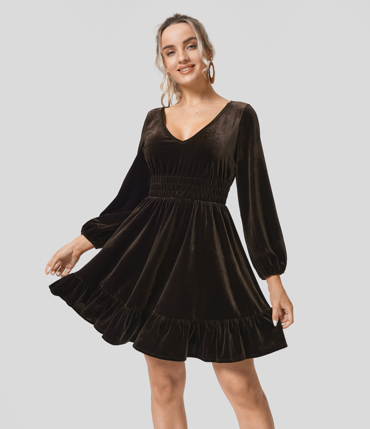 Halara Deep V Neck Long Sleeve Shirred Ruffle Hem Velvet Mini Casual Dress Casual Dress - Charcoal Brown - S slip dress beach dress 