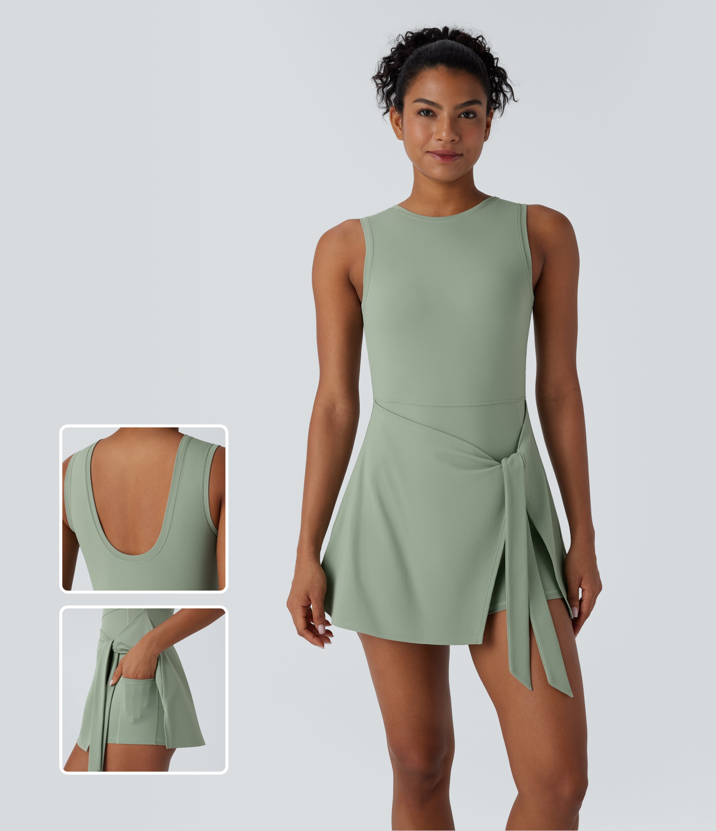 Frosty Green Mini Vestido micro deportivo pickleball bolsillo lateral 2 en 1 sin espalda sin mangas cruzado lazo delantera / 1