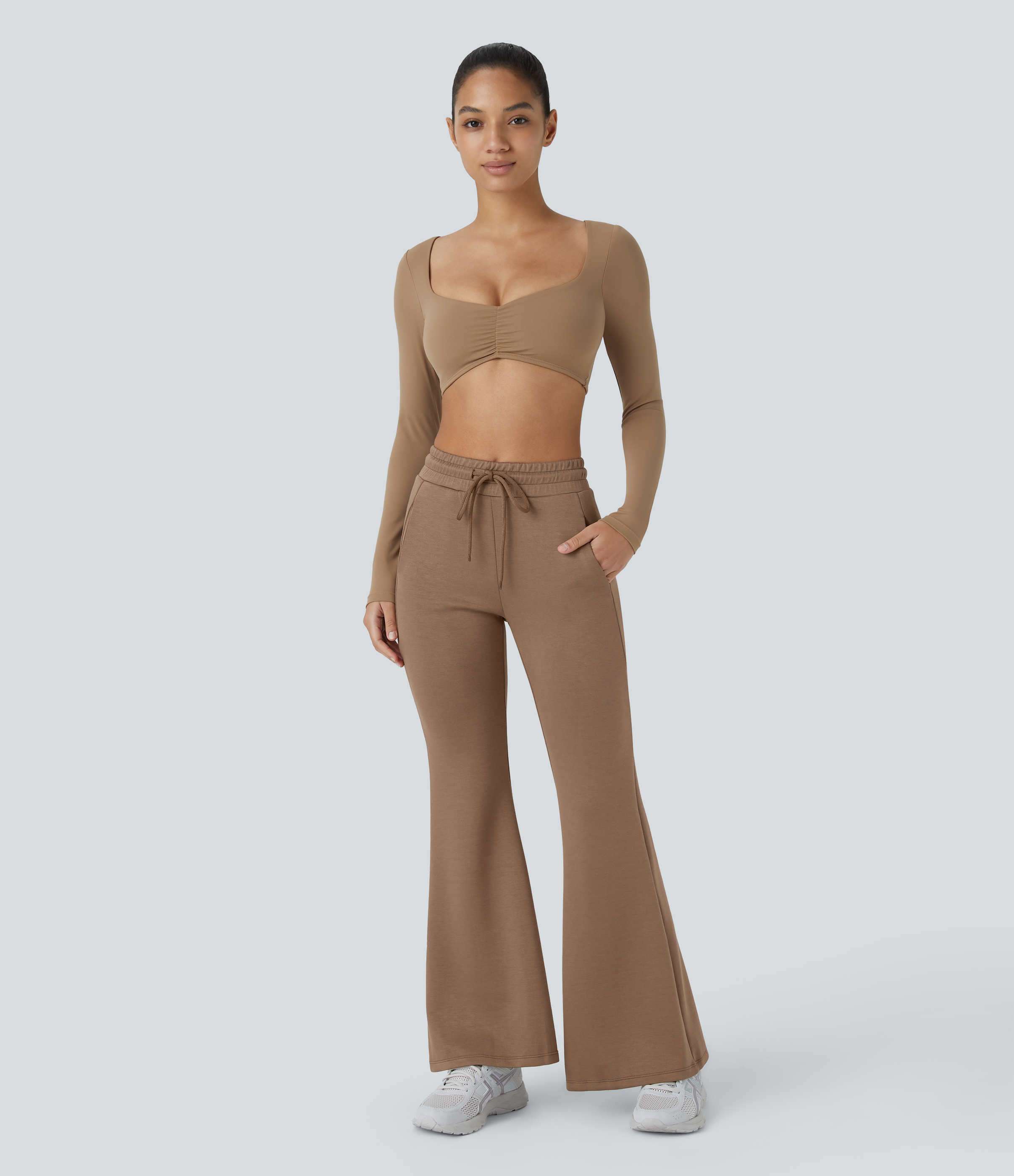 Halara High Waisted Drawstring Side Pocket Flare Yoga Pants  - Raw Umber - M 