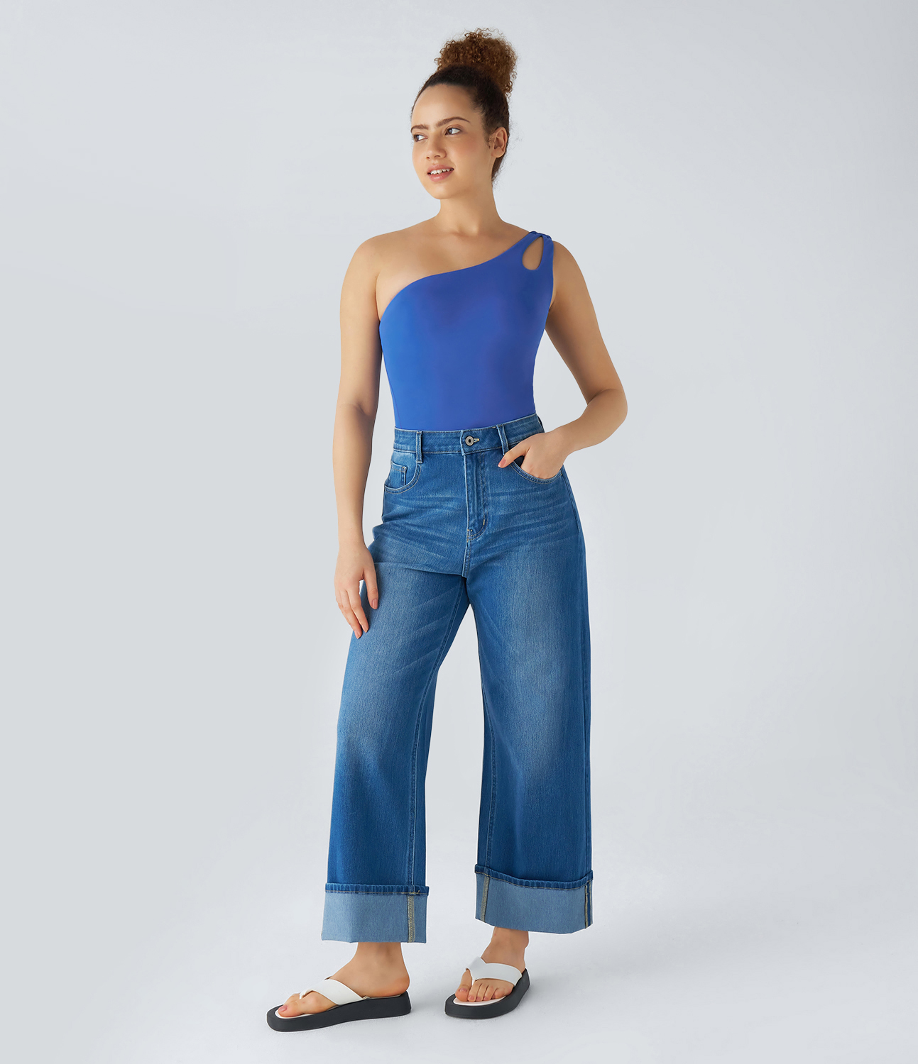 

Halara Softlyzeroв„ў One Shoulder Cut Out Backless Yoga Bodysuit-UPF50+ - Beaucoup Blue