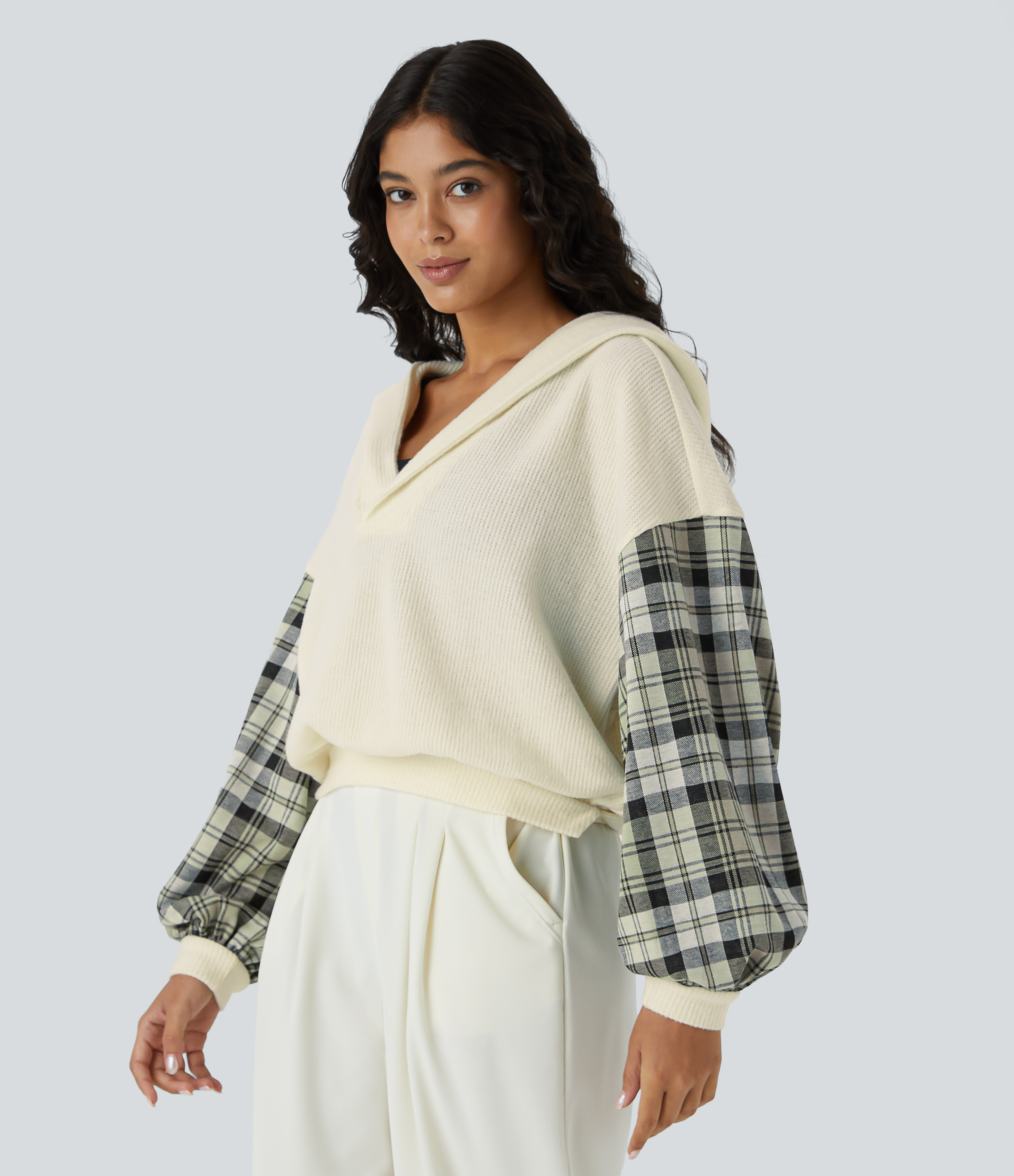 Halara V Neck Hooded Long Sleeve Color Block Waffle Casual Sweatshirt  - Light Gray - XL 