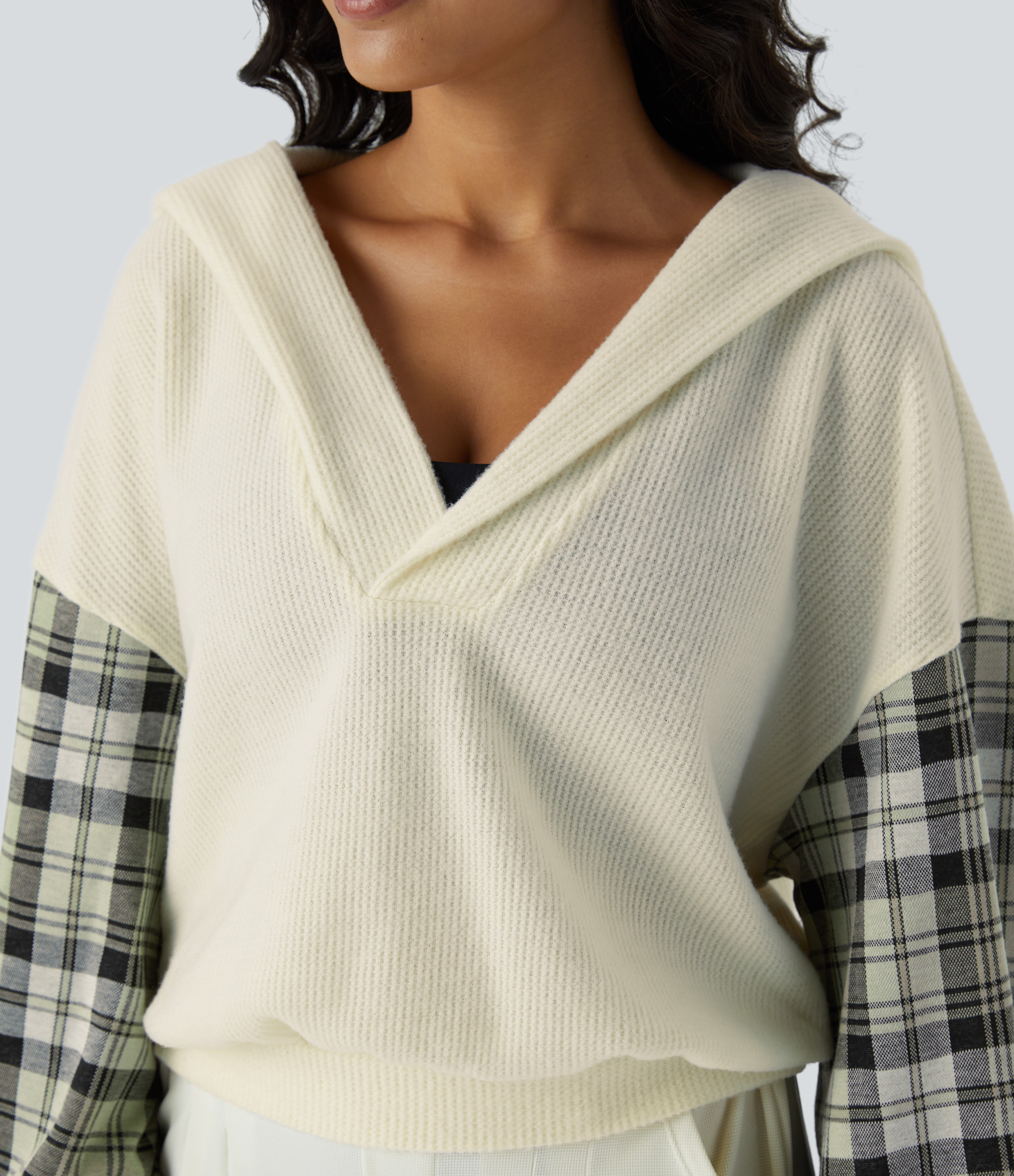 Halara V Neck Hooded Long Sleeve Color Block Waffle Casual Sweatshirt  - Light Gray - XL 