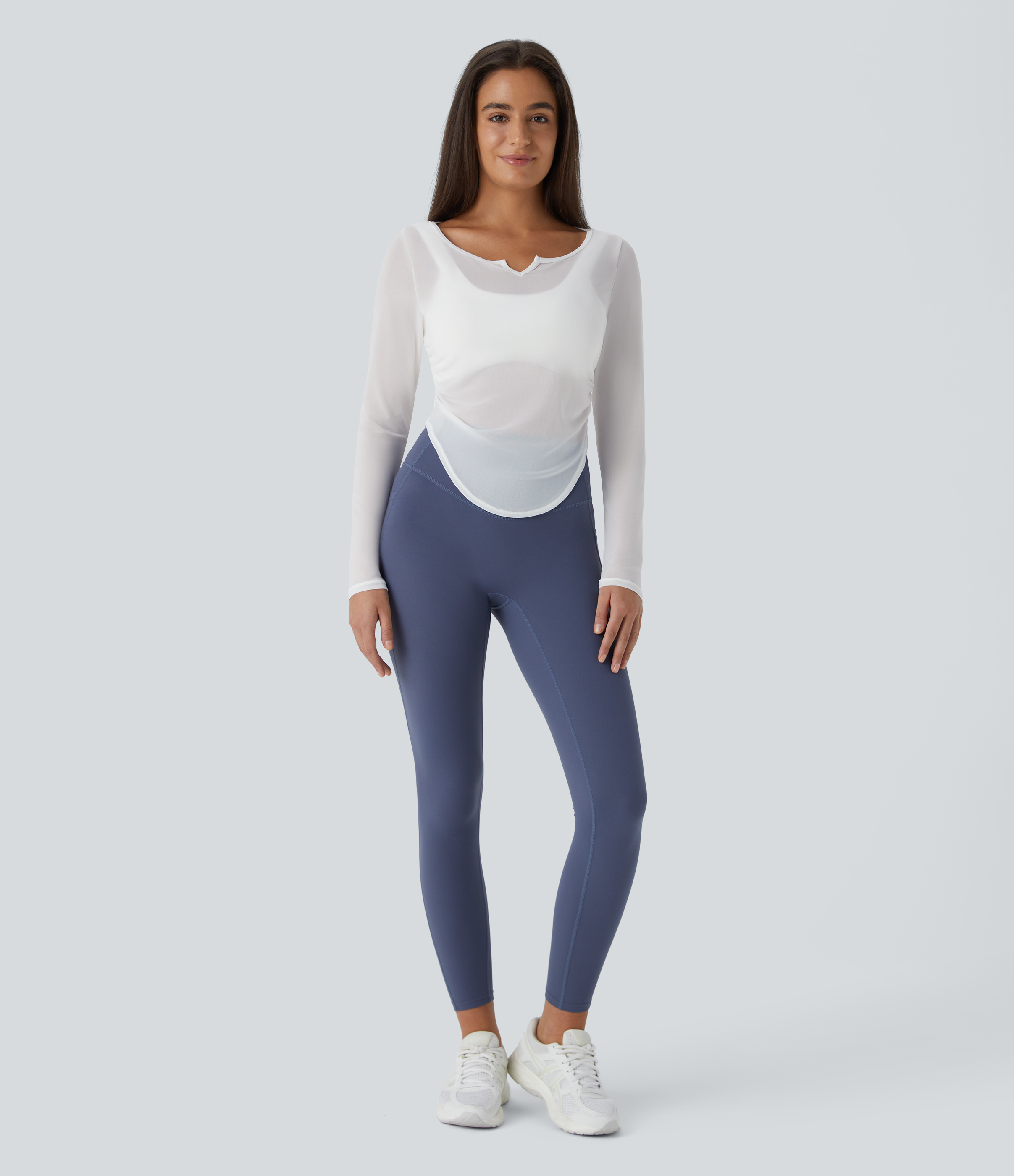 Halara Sheer Mesh V Notch Long Sleeve Ruched Curved Hem Yoga Sports Top  - Blanc de Blanc - XS 