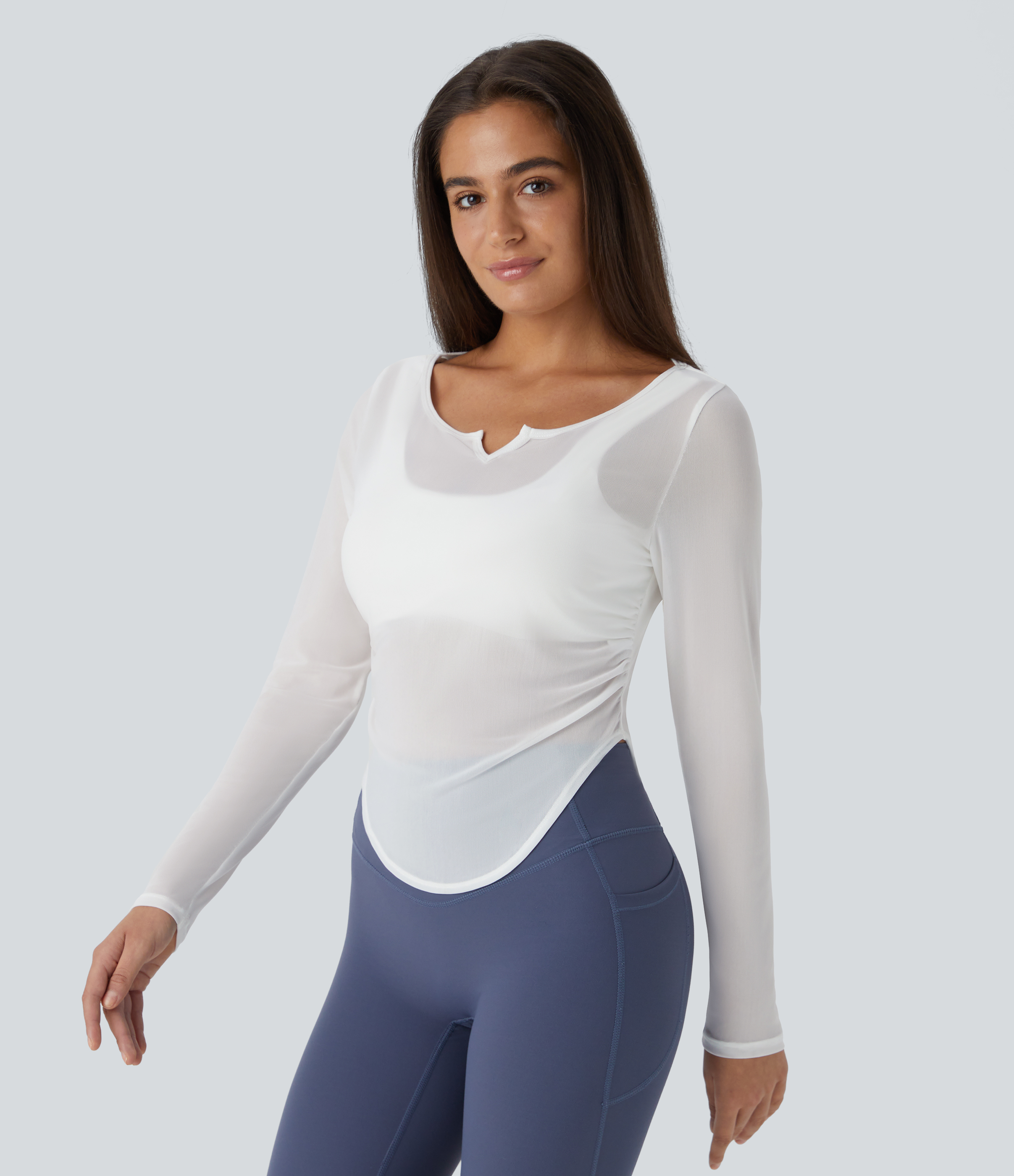 Halara Sheer Mesh V Notch Long Sleeve Ruched Curved Hem Yoga Sports Top  - Blanc de Blanc - XS 