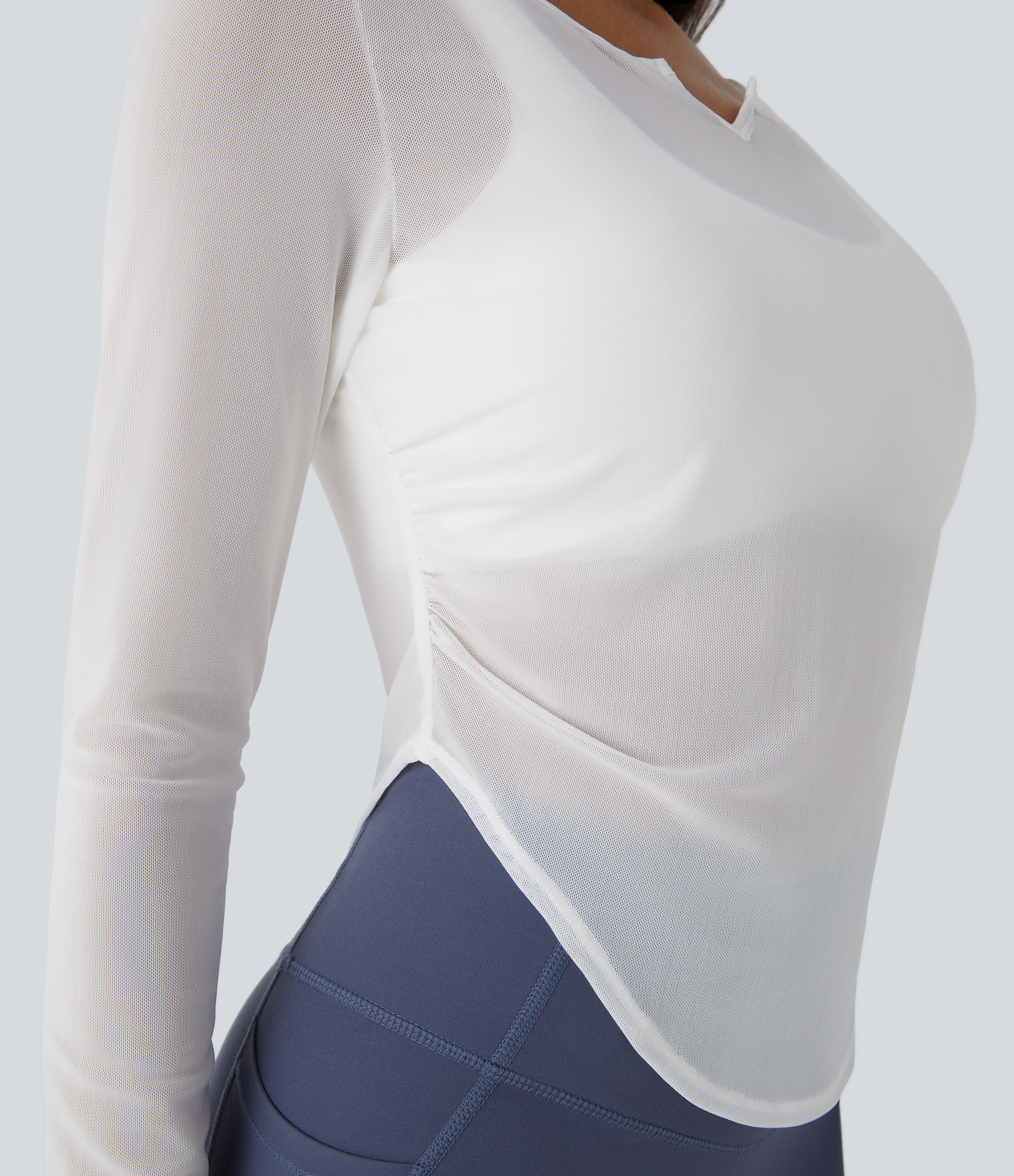 Halara Sheer Mesh V Notch Long Sleeve Ruched Curved Hem Yoga Sports Top  - Blanc de Blanc - XS 