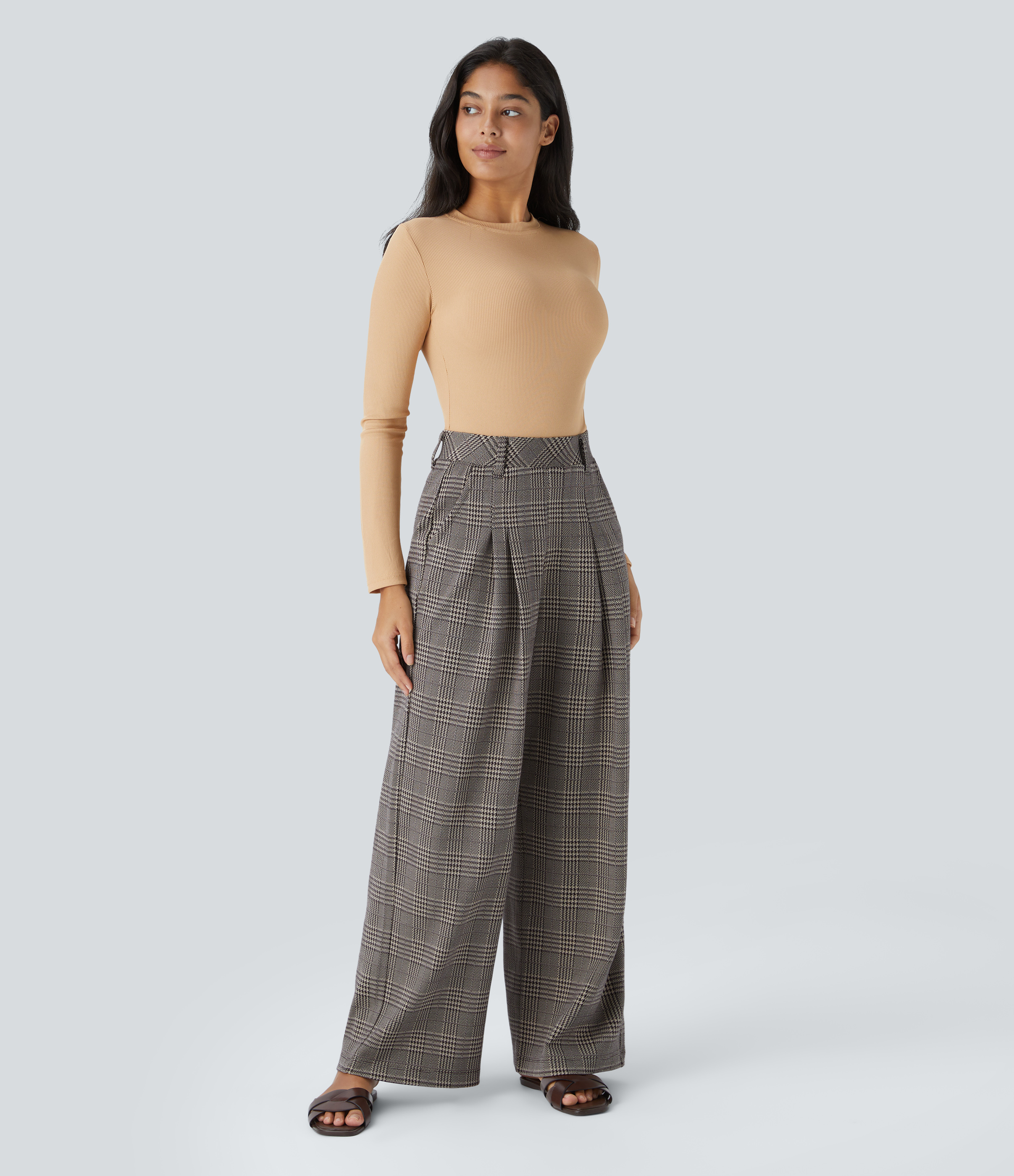 Halara High Waisted Side Pocket Wide Leg Houndstooth Plaid Casual Pants  - Brown Houndstooth Plaid - M(tall) sweatpants jogger pants 