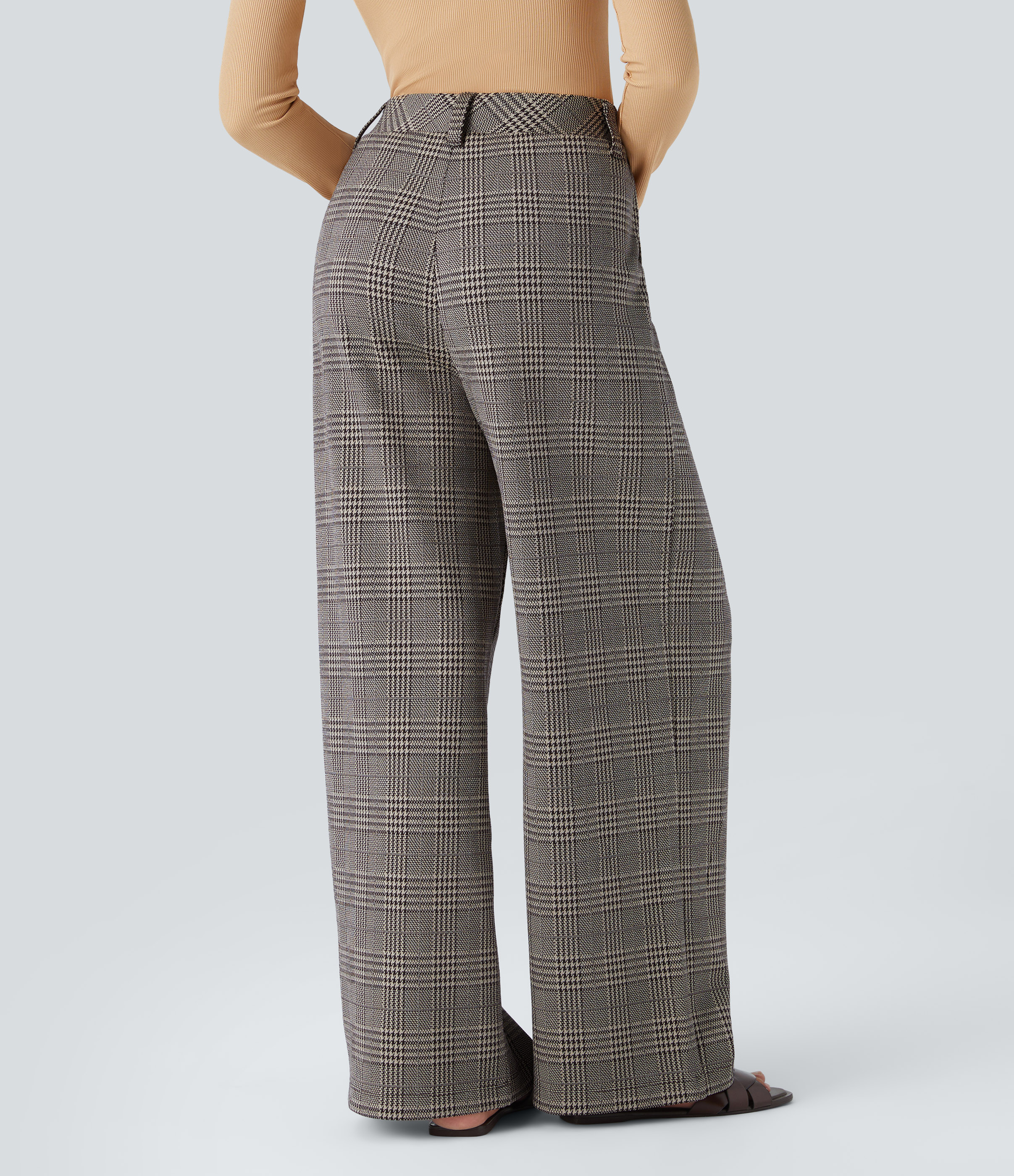 Halara High Waisted Side Pocket Wide Leg Houndstooth Plaid Casual Pants  - Brown Houndstooth Plaid - M(tall) sweatpants jogger pants 