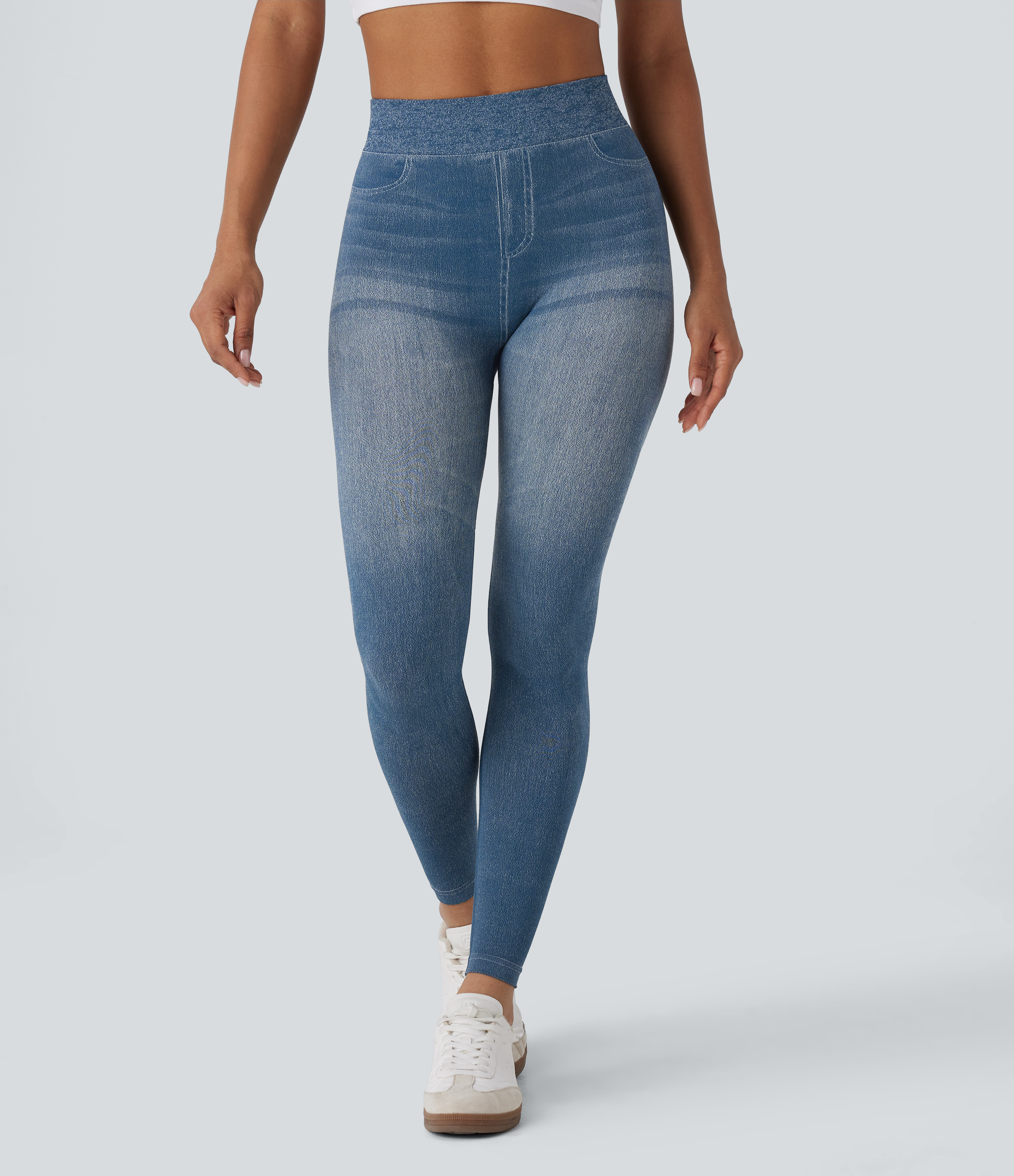 Halara Seamless Flow High Waisted Denim Like Yoga Leggings  - Washed Denim Light Blue - S(full_length) 
