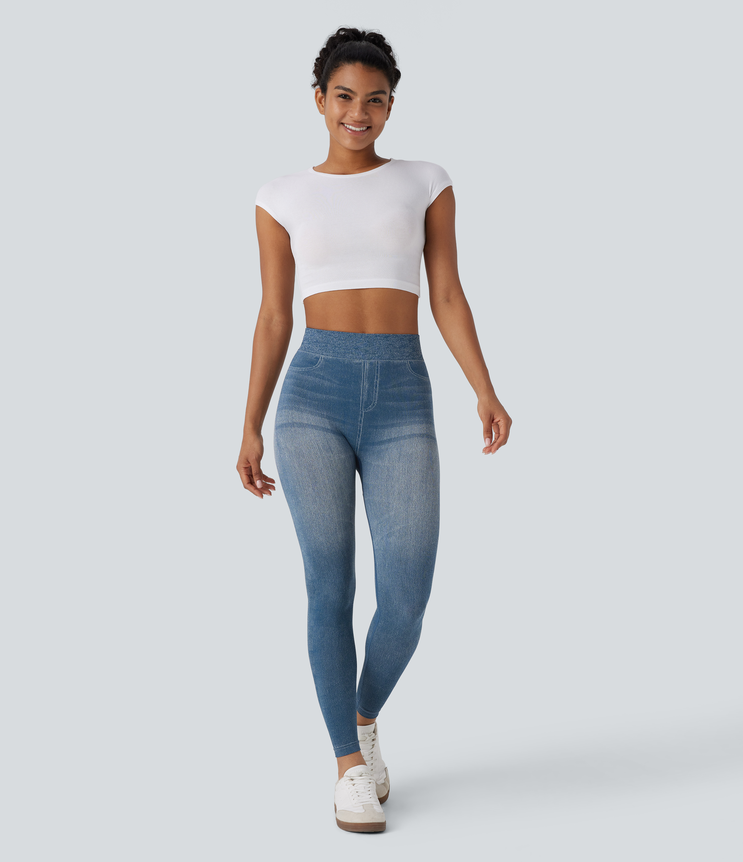Halara Seamless Flow High Waisted Denim Like Yoga Leggings  - Washed Denim Light Blue - S(full_length) 