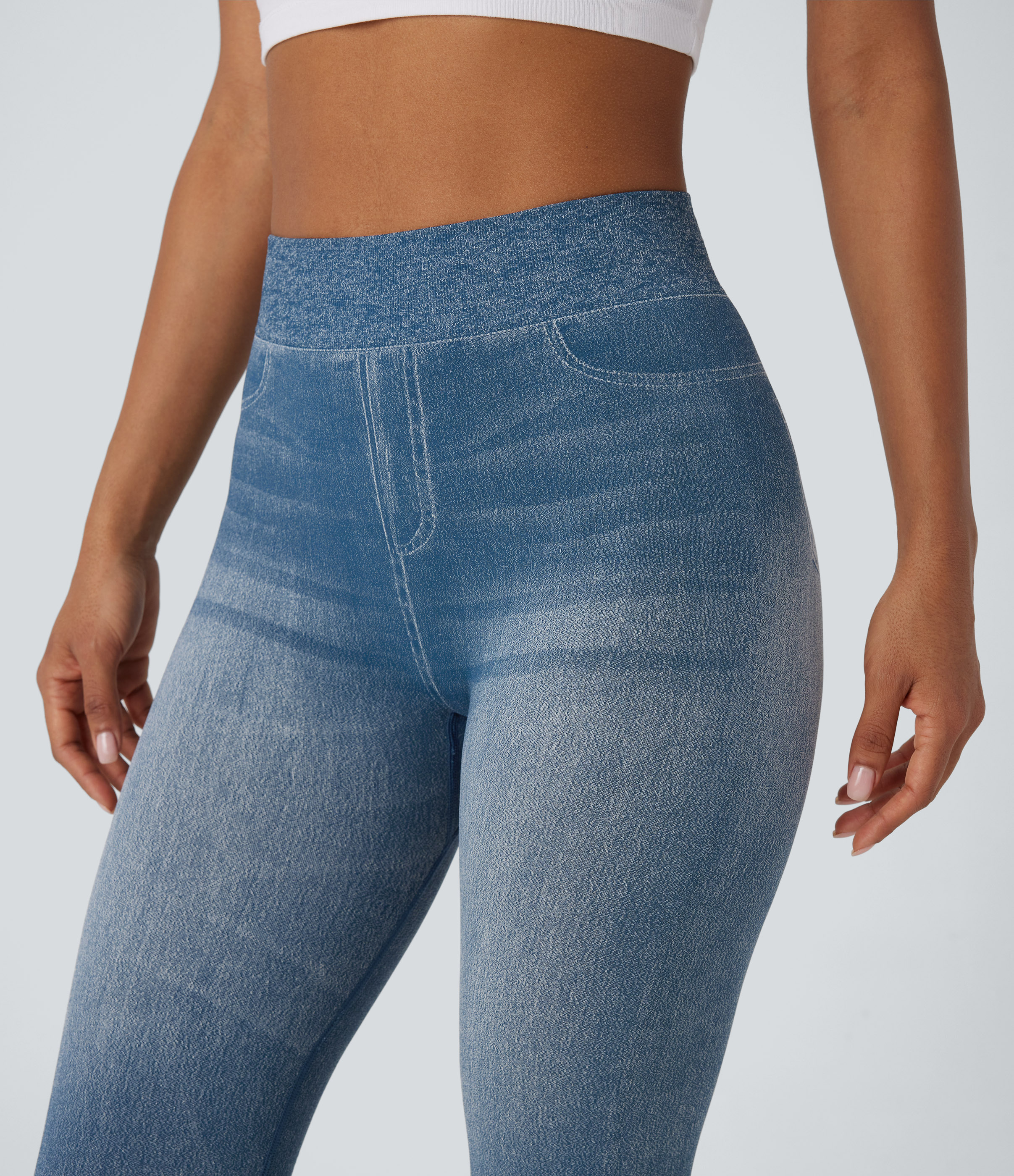 Halara Seamless Flow High Waisted Denim Like Yoga Leggings  - Washed Denim Light Blue - S(full_length) 