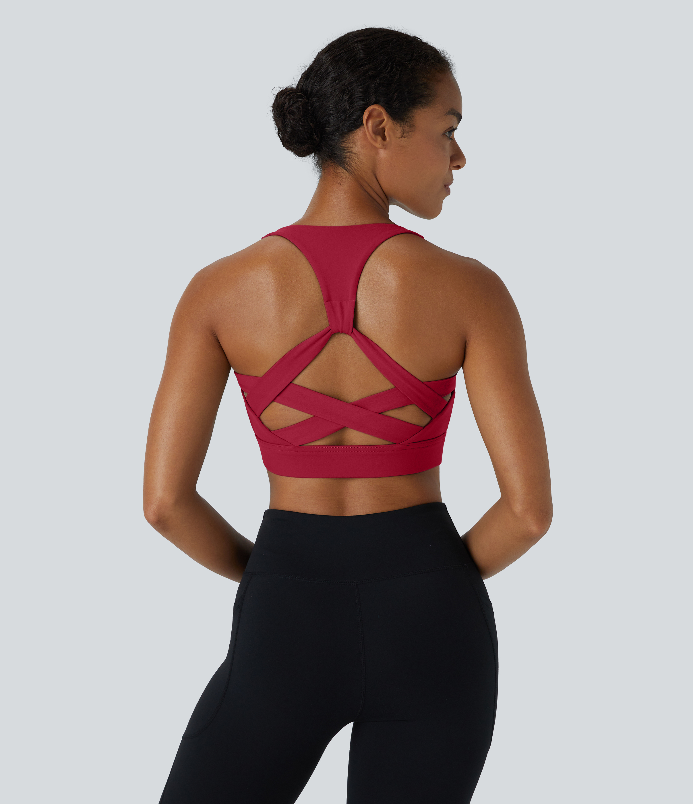Halara Low Support Backless Racerback Crisscross Yoga Sports Bra  - Scarlet Sage - XS push up bra strapless bra backless bra sticky bra 