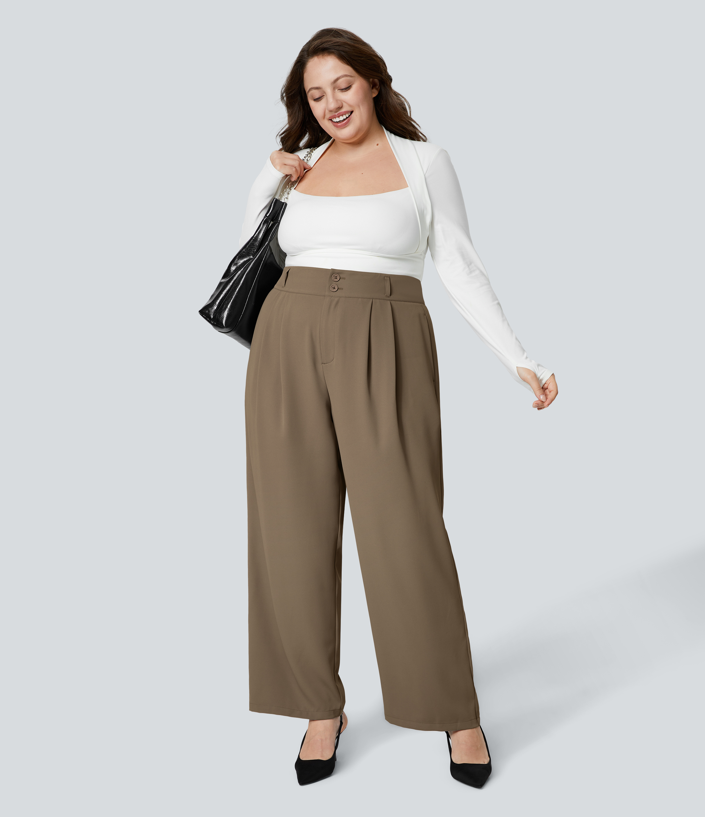 Halara High Waisted Button Zipper Side Pocket Shirred Straight Leg Work Plus Size Pants  - Kangaroo - 3X(regular) sweatpants jogger pants 