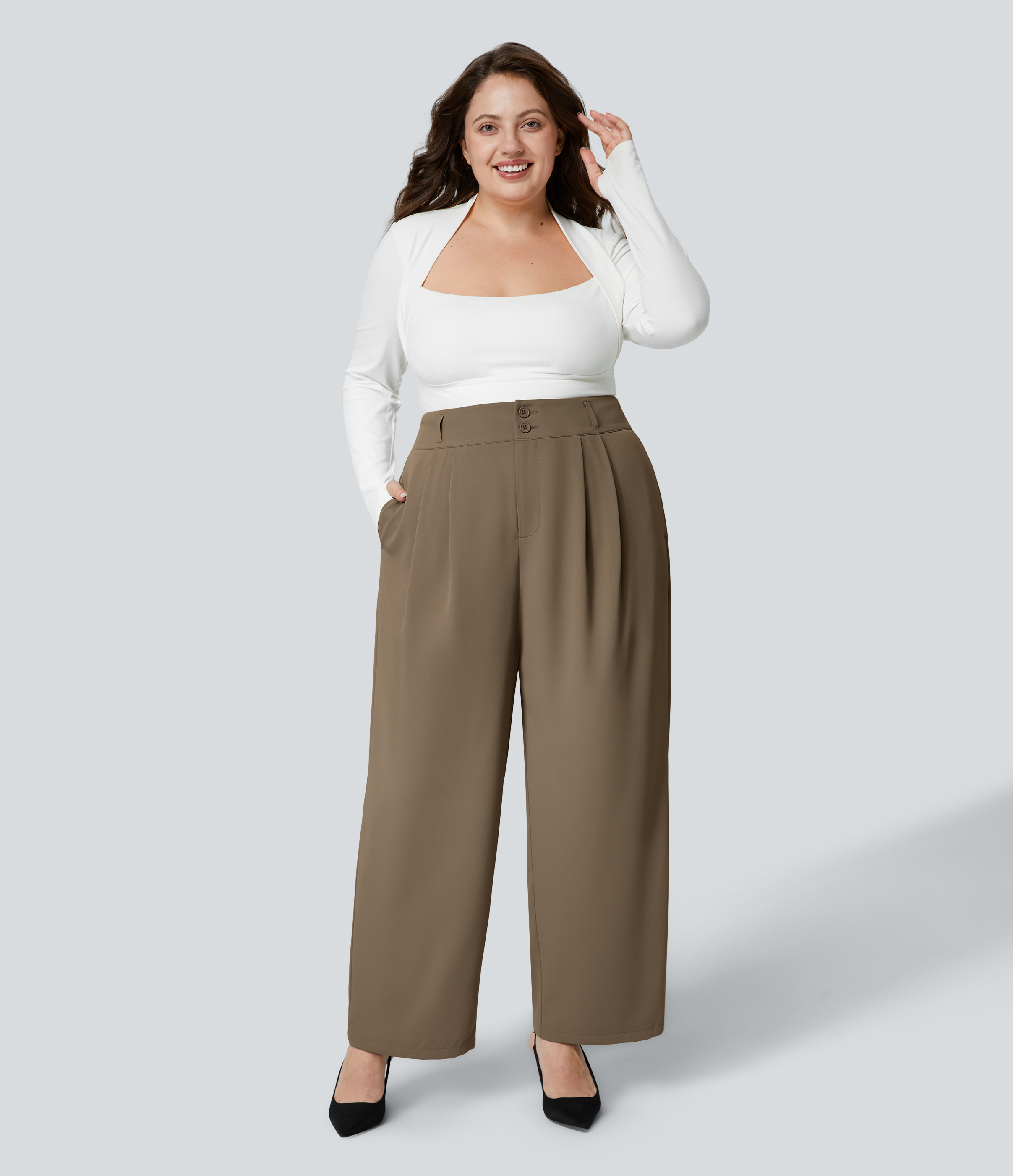 Halara High Waisted Button Zipper Side Pocket Shirred Straight Leg Work Plus Size Pants  - Kangaroo - 3X(regular) sweatpants jogger pants 