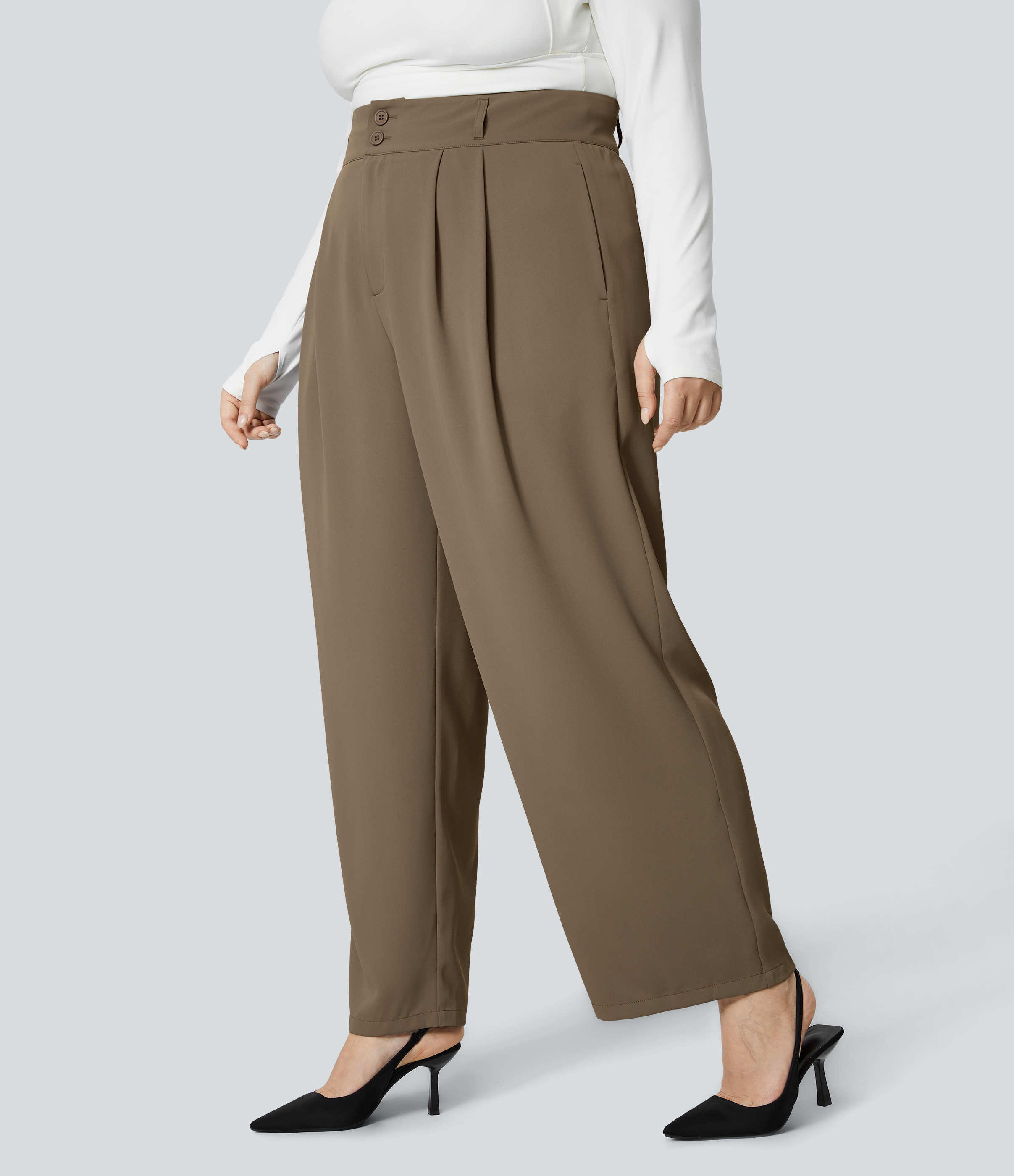 Halara High Waisted Button Zipper Side Pocket Shirred Straight Leg Work Plus Size Pants  - Kangaroo - 3X(regular) sweatpants jogger pants 