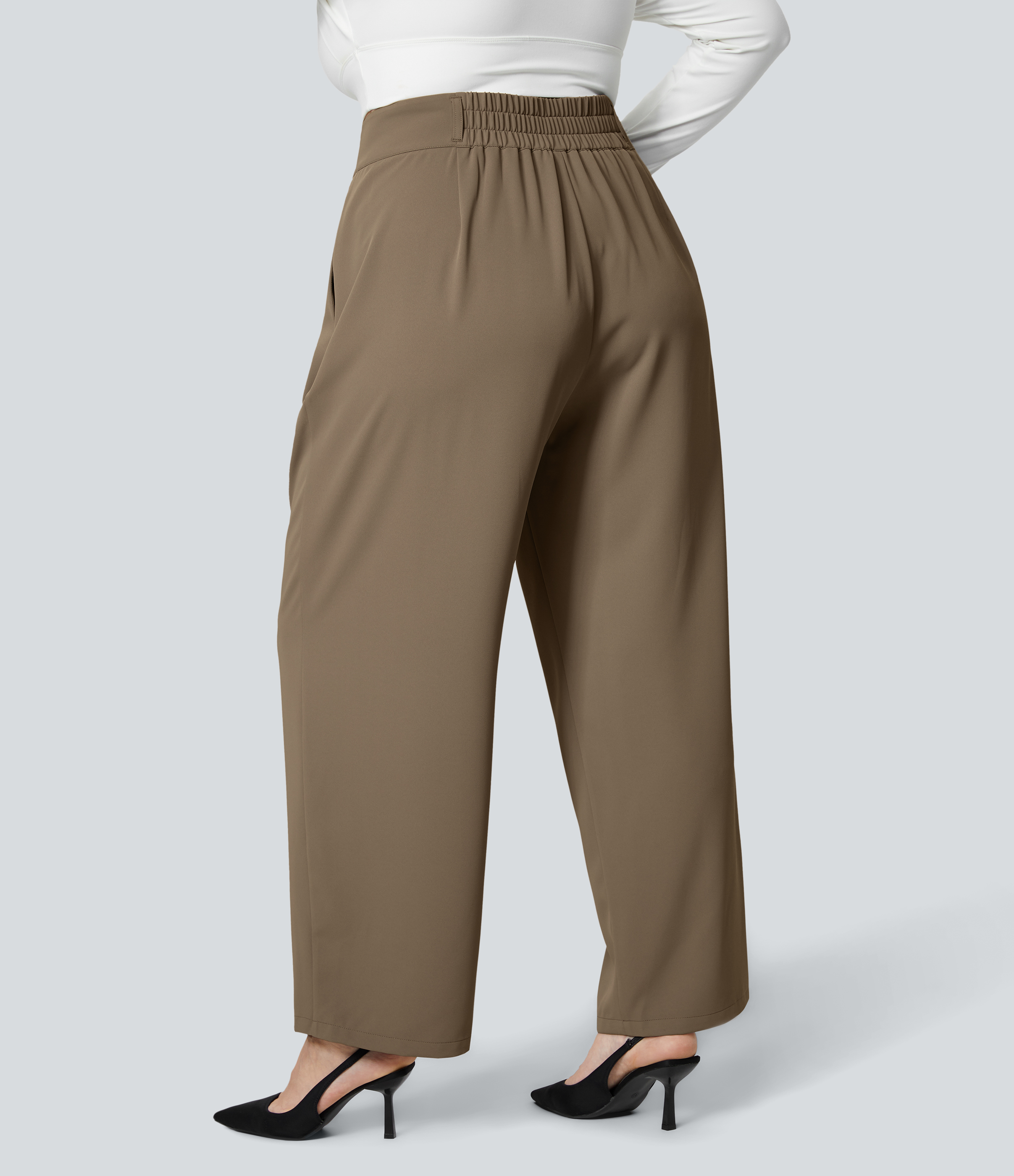 Halara High Waisted Button Zipper Side Pocket Shirred Straight Leg Work Plus Size Pants  - Kangaroo - 3X(regular) sweatpants jogger pants 
