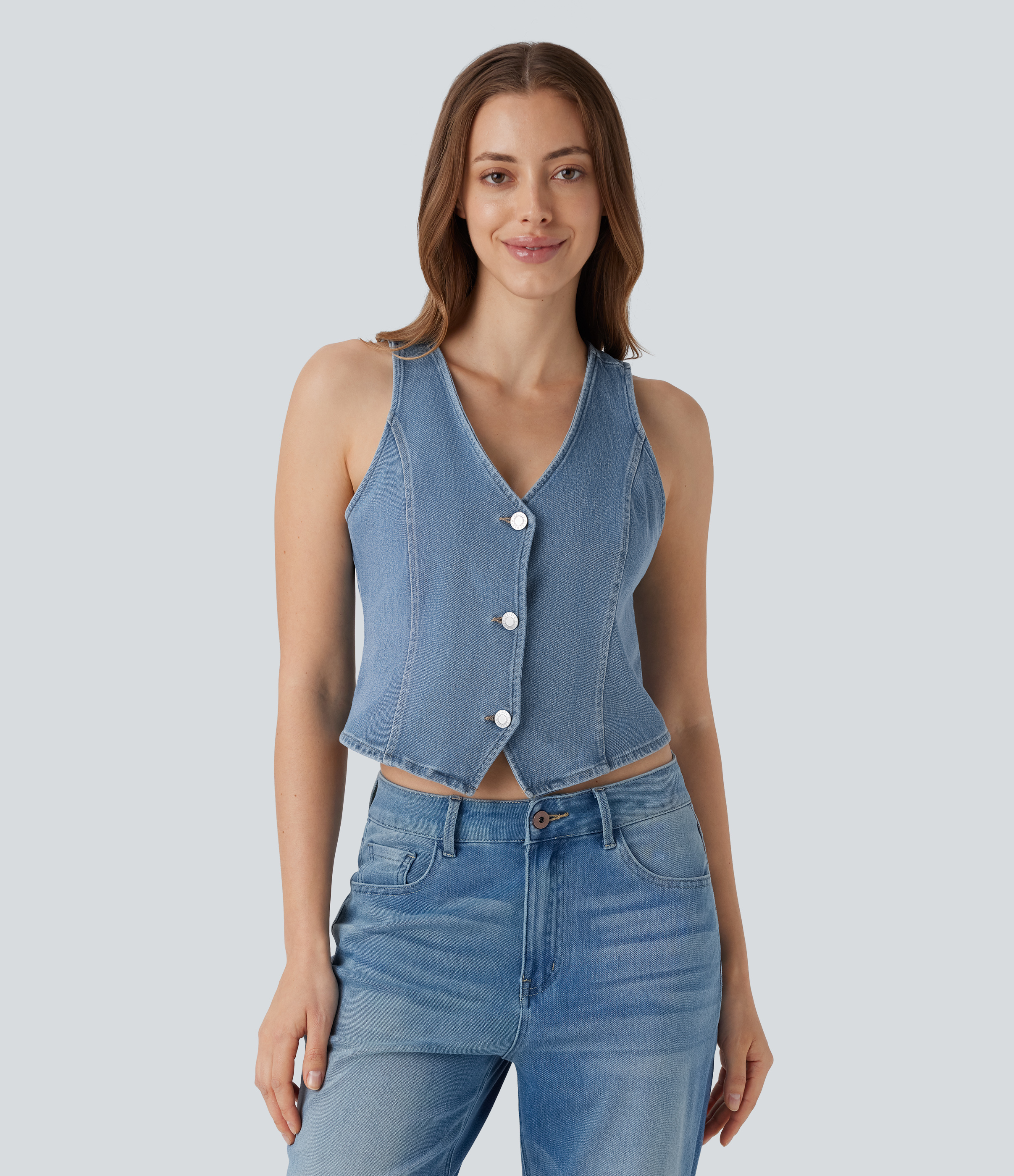 Gilet décontracté en jean extensible délavé Halara Flex™ col V avec boutons