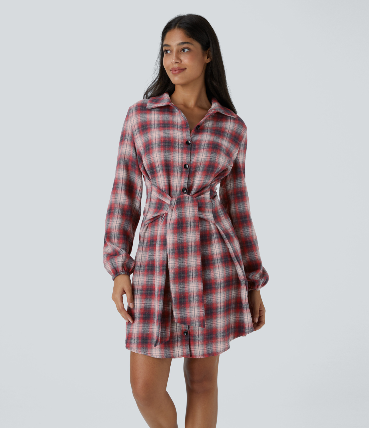 Vestido corto casual a cuadros con botones y lazo frontal