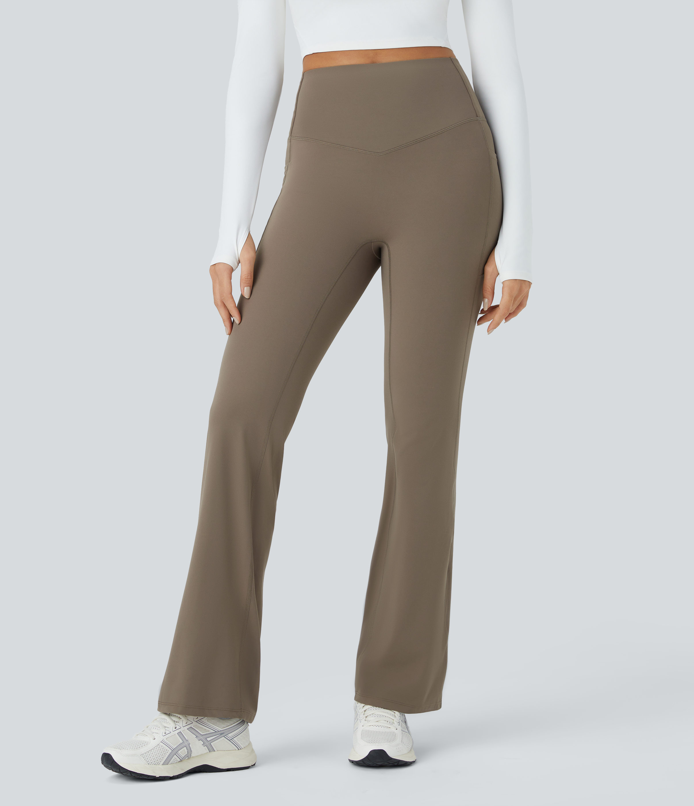 Halara SoCinched High Waisted Tummy Control Side Pocket Crossover Ruched Shaping Yoga UltraSculpt Slight Flare Leggings  - Dawn Brown - M(regular) 