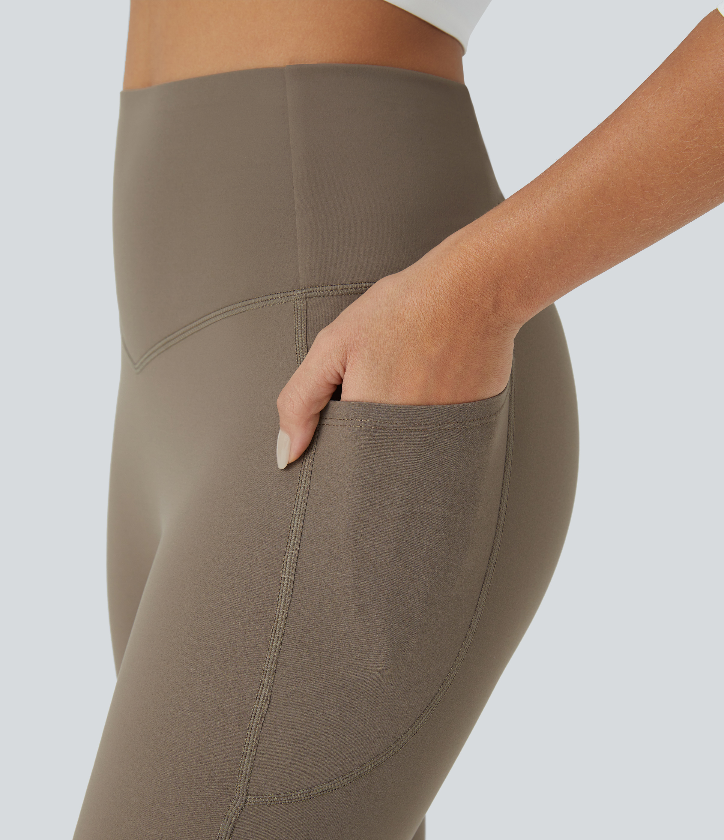 Halara SoCinched High Waisted Tummy Control Side Pocket Crossover Ruched Shaping Yoga UltraSculpt Slight Flare Leggings  - Dawn Brown - M(regular) 