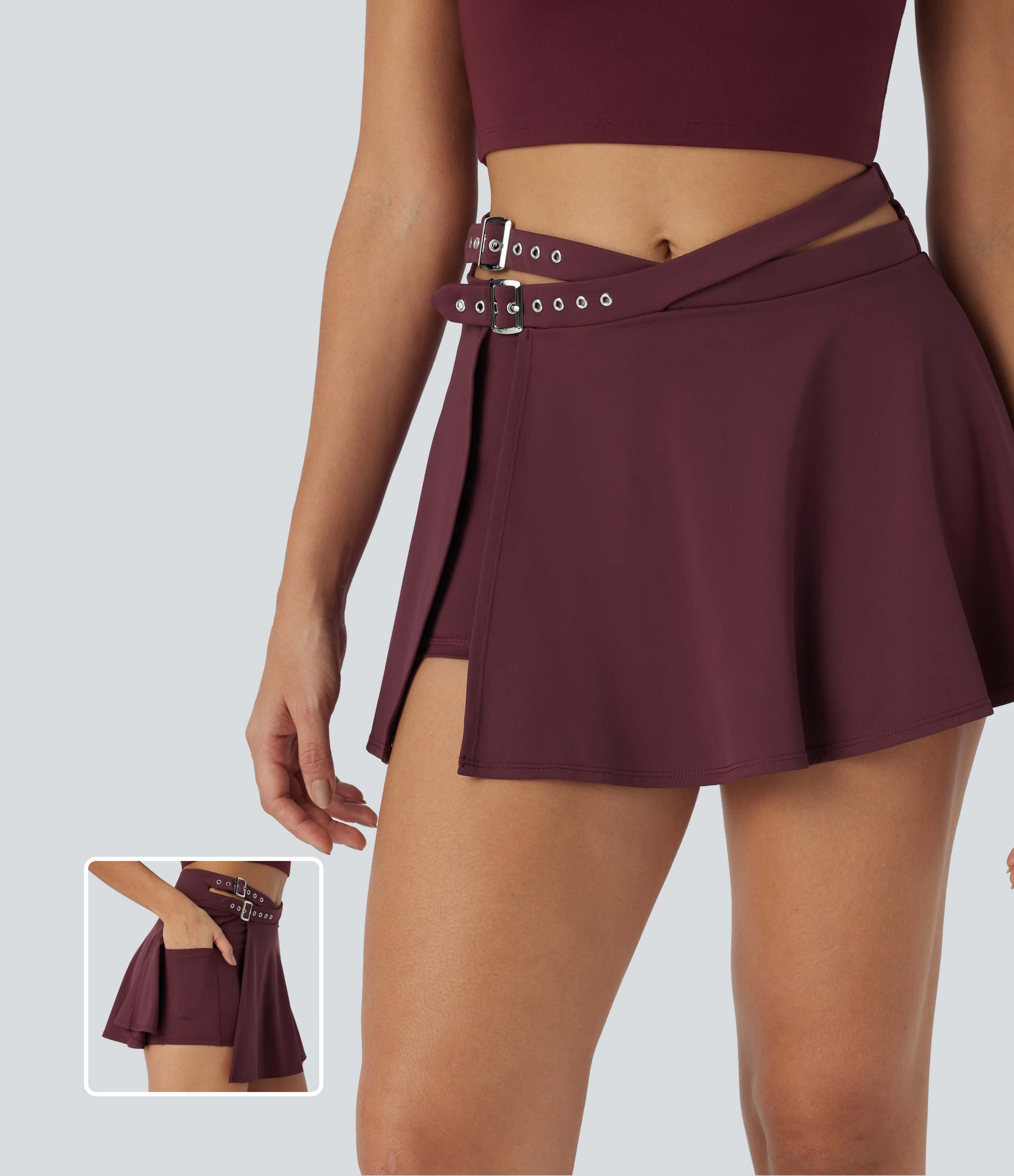 Halara Softlyzeroв„ў Airy High Waisted Crossover Adjustable Buckle 2-in-1 Side Pocket Split Cool Touch Flare Mini Dance Skirt  - Berry Red - S(regular) 