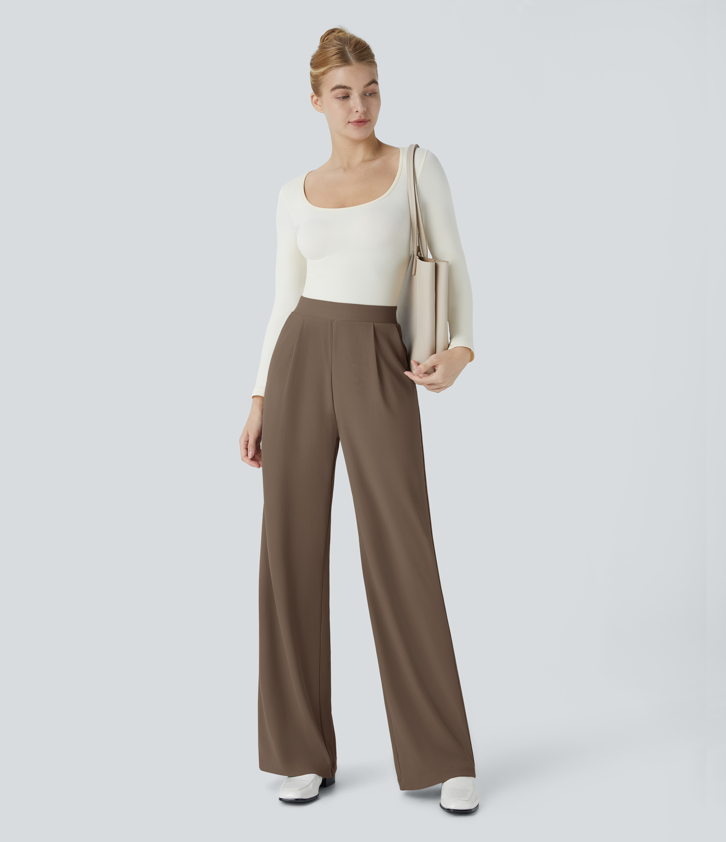 Halara Halara Flexв„ў High Waisted Body Sculpt Waist-Slimming Side Pocket Wide Leg Micro Waffle Work Pants  - Shitake - M(tall) sweatpants 