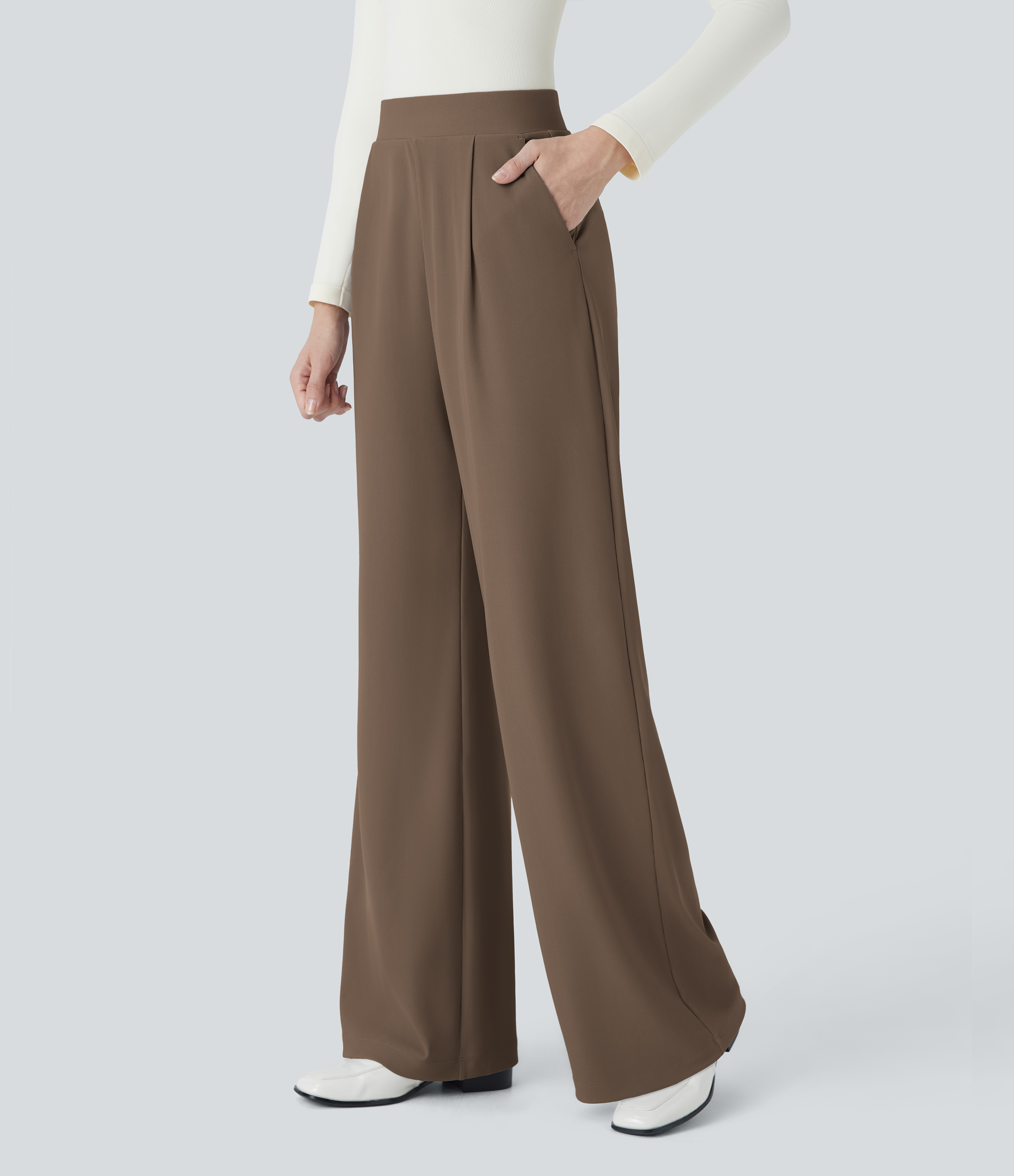 Halara Halara Flexв„ў High Waisted Body Sculpt Waist-Slimming Side Pocket Wide Leg Micro Waffle Work Pants  - Shitake - M(tall) sweatpants 