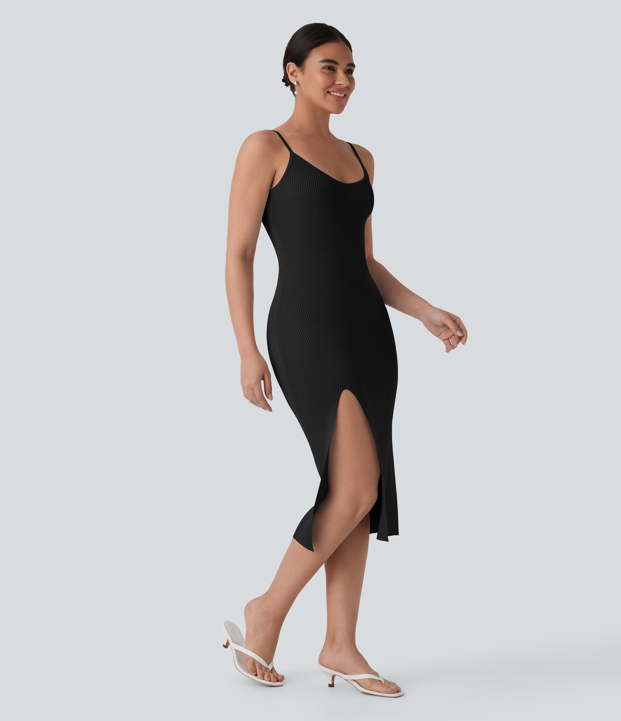 Halara Backless Bodycon Split Midi Resort Slip Sweater Dress  - Black - S 