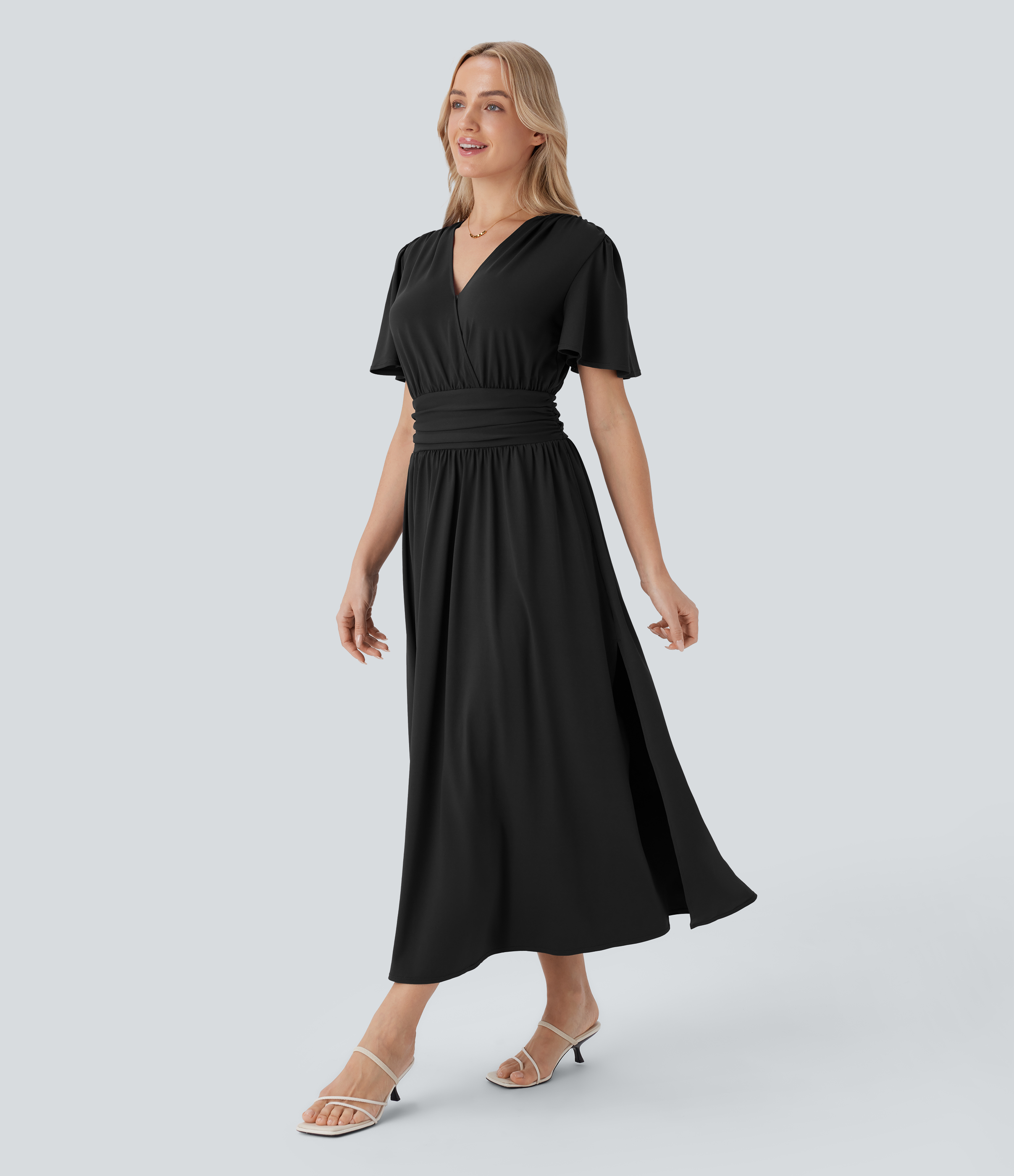 Black V Neck Short Sleeve Draped Flowy Midi Dress / 1
