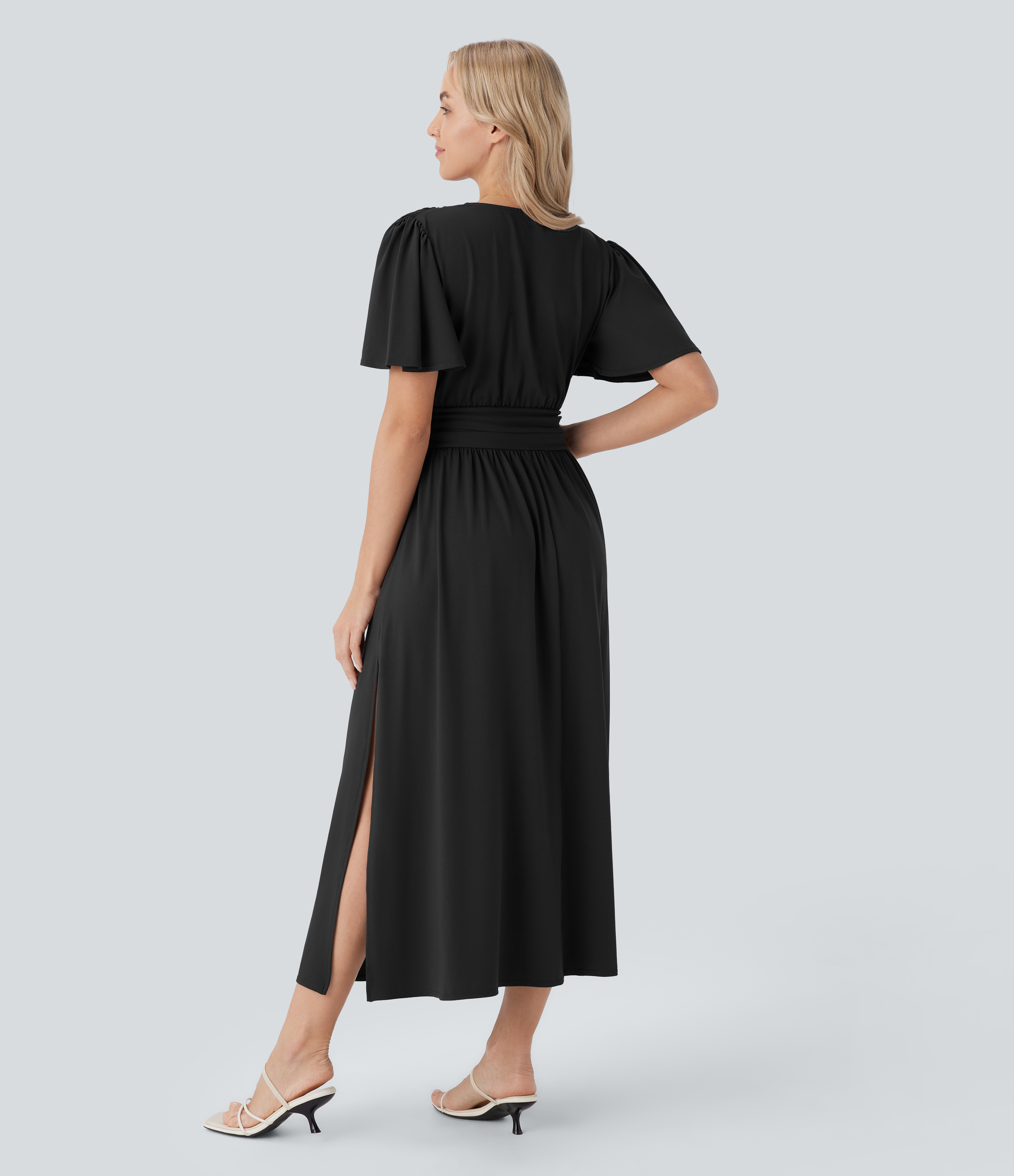 Black V Neck Short Sleeve Draped Flowy Midi Dress / 2