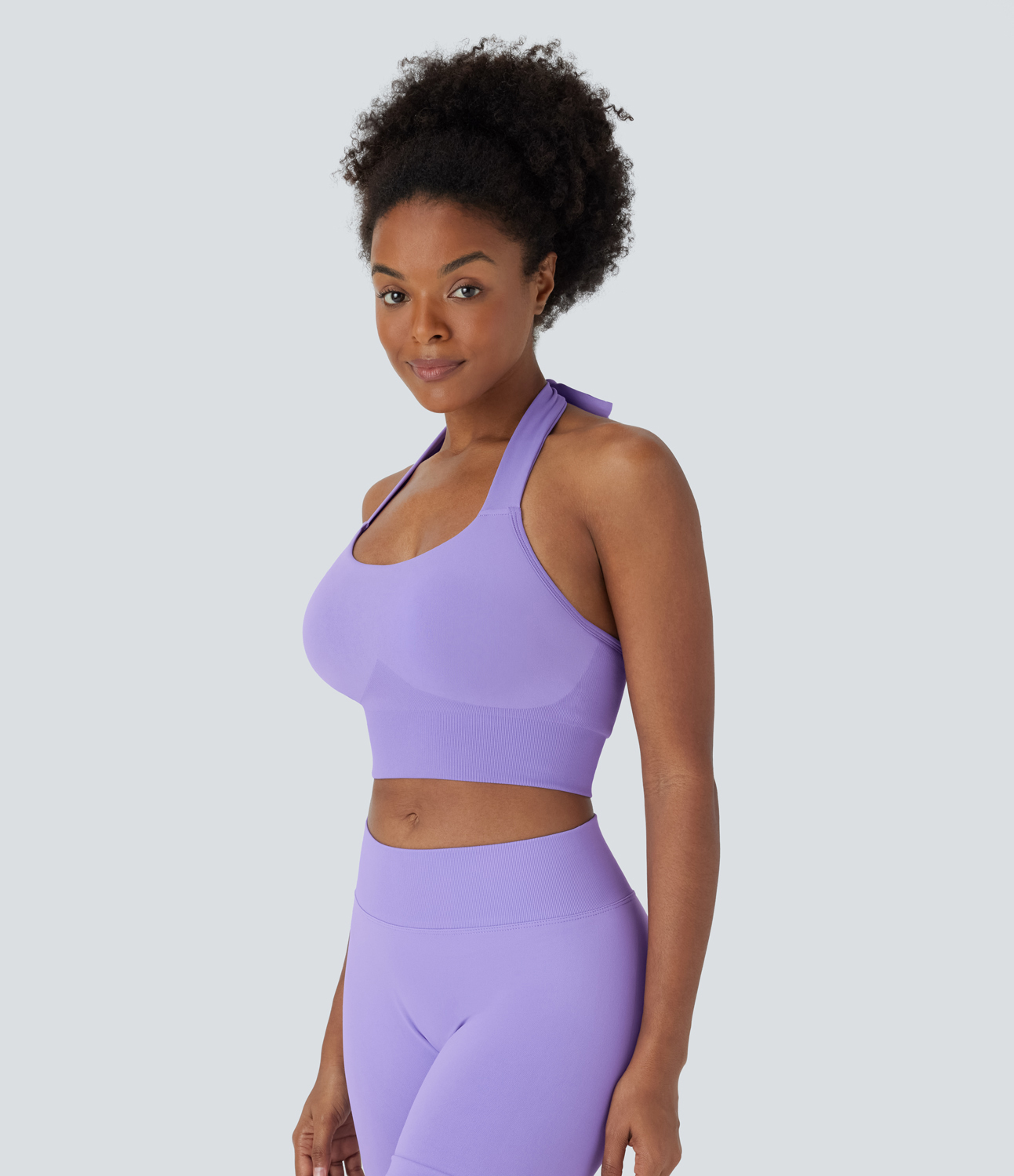 Halara Seamless Flow Low Support Halter Tie Back Yoga Sports Bra  - Purple Rose - S push up bra strapless bra backless bra sticky bra 