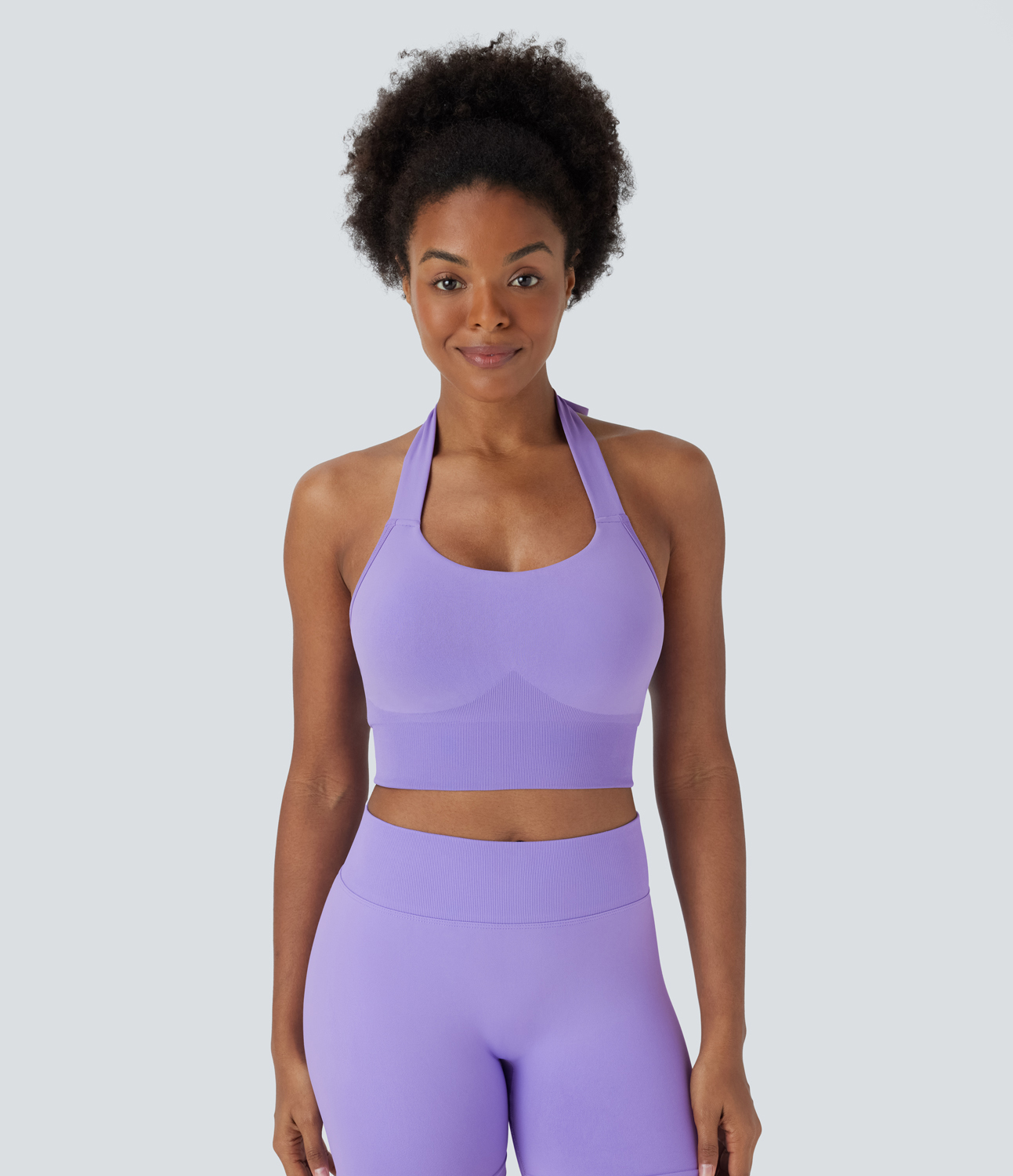 Halara Seamless Flow Low Support Halter Tie Back Yoga Sports Bra  - Purple Rose - S push up bra strapless bra backless bra sticky bra 