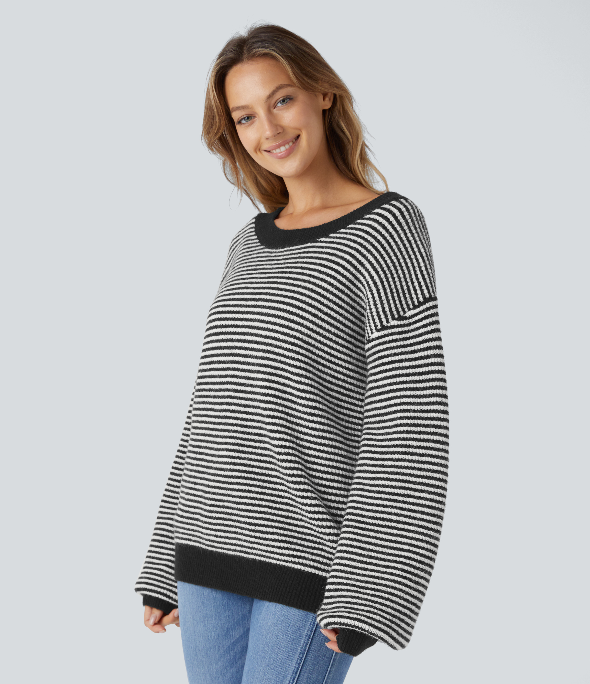 Halara Scoop Neck Dropped Shoulder Color Block Stripe Relax Casual Sweater  - Black - M 
