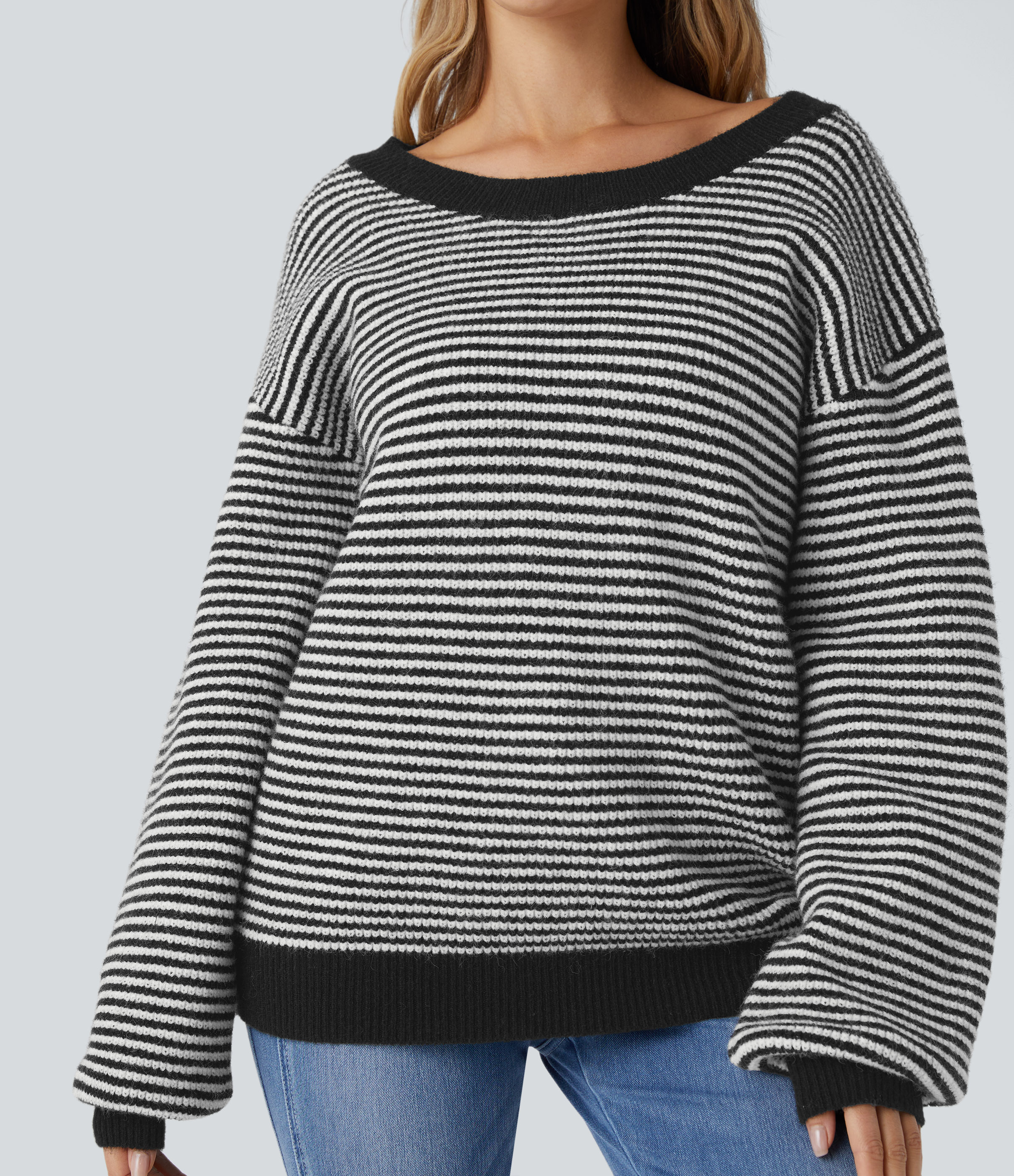 Halara Scoop Neck Dropped Shoulder Color Block Stripe Relax Casual Sweater  - Black - M 