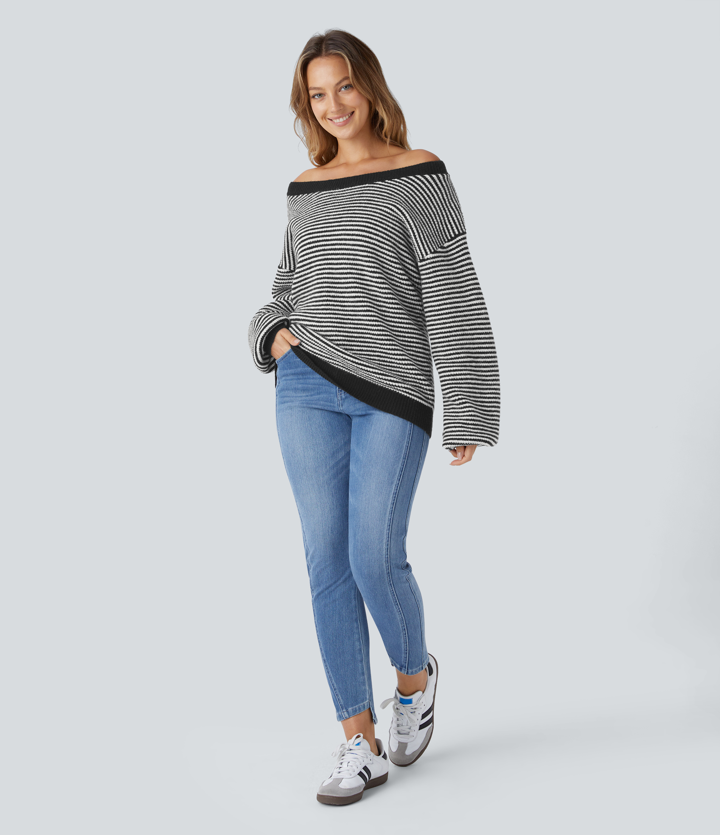 Halara Scoop Neck Dropped Shoulder Color Block Stripe Relax Casual Sweater  - Black - M 