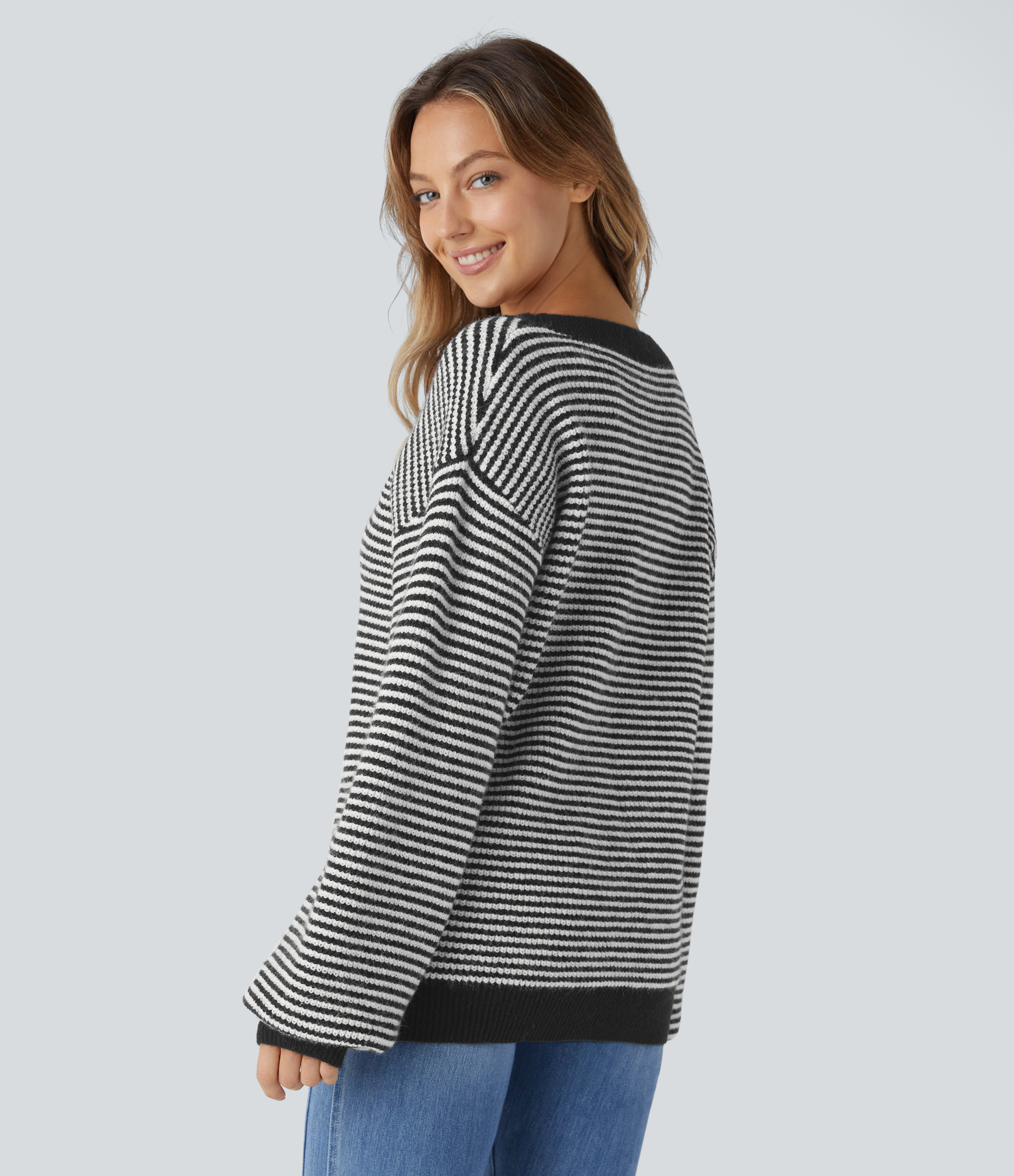 Halara Scoop Neck Dropped Shoulder Color Block Stripe Relax Casual Sweater  - Black - M 