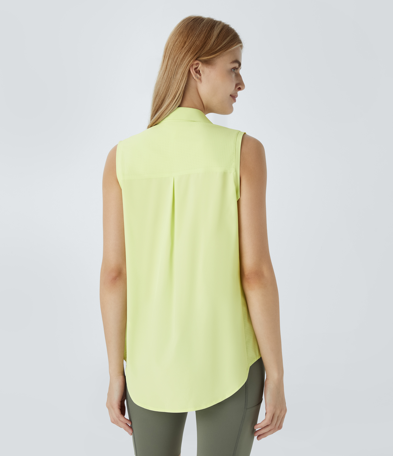 Halara Collared Sleeveless Button Curved Hem Hiking Shirt  - Luminary Green - XL 