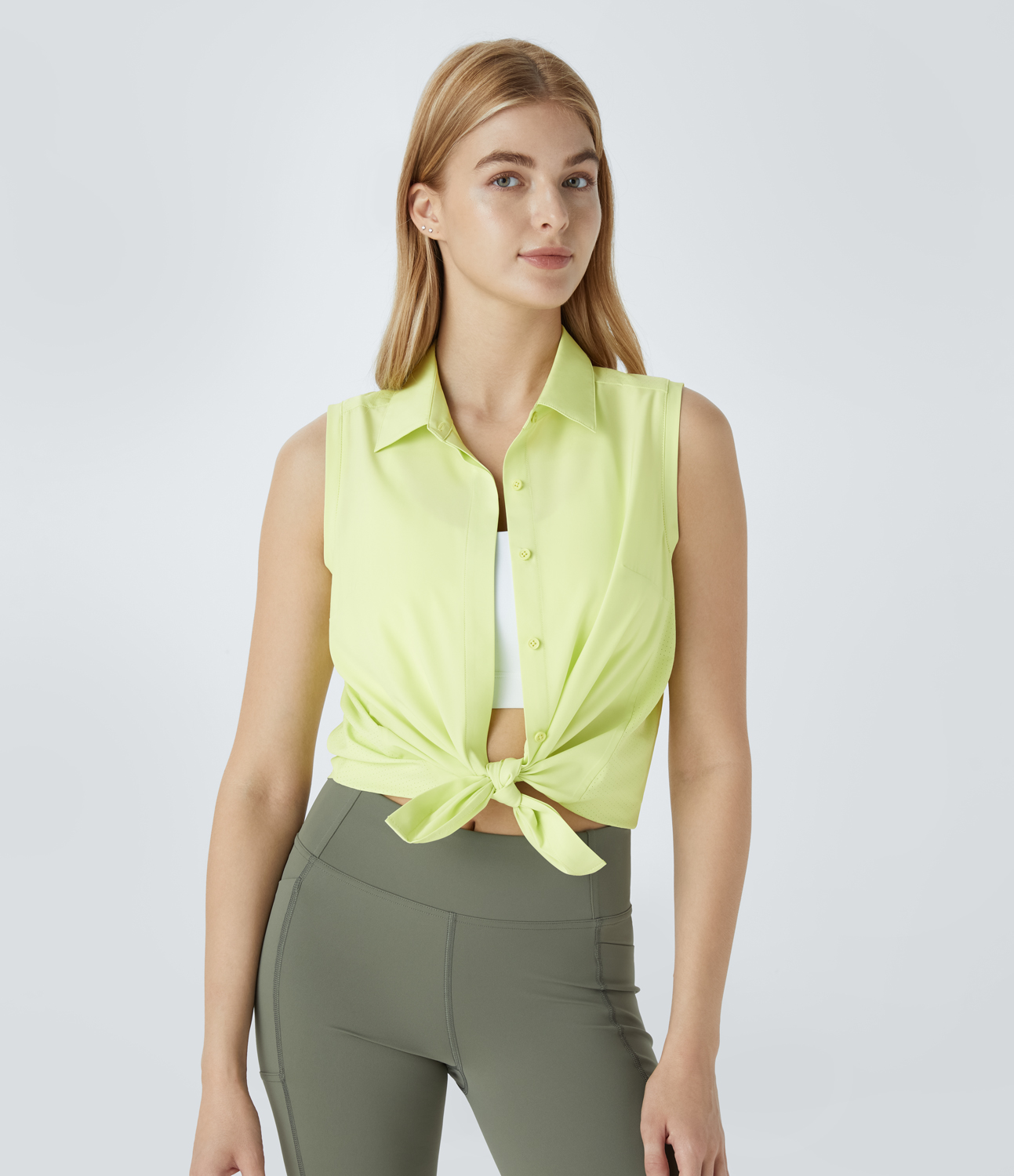 Halara Collared Sleeveless Button Curved Hem Hiking Shirt  - Luminary Green - XL 