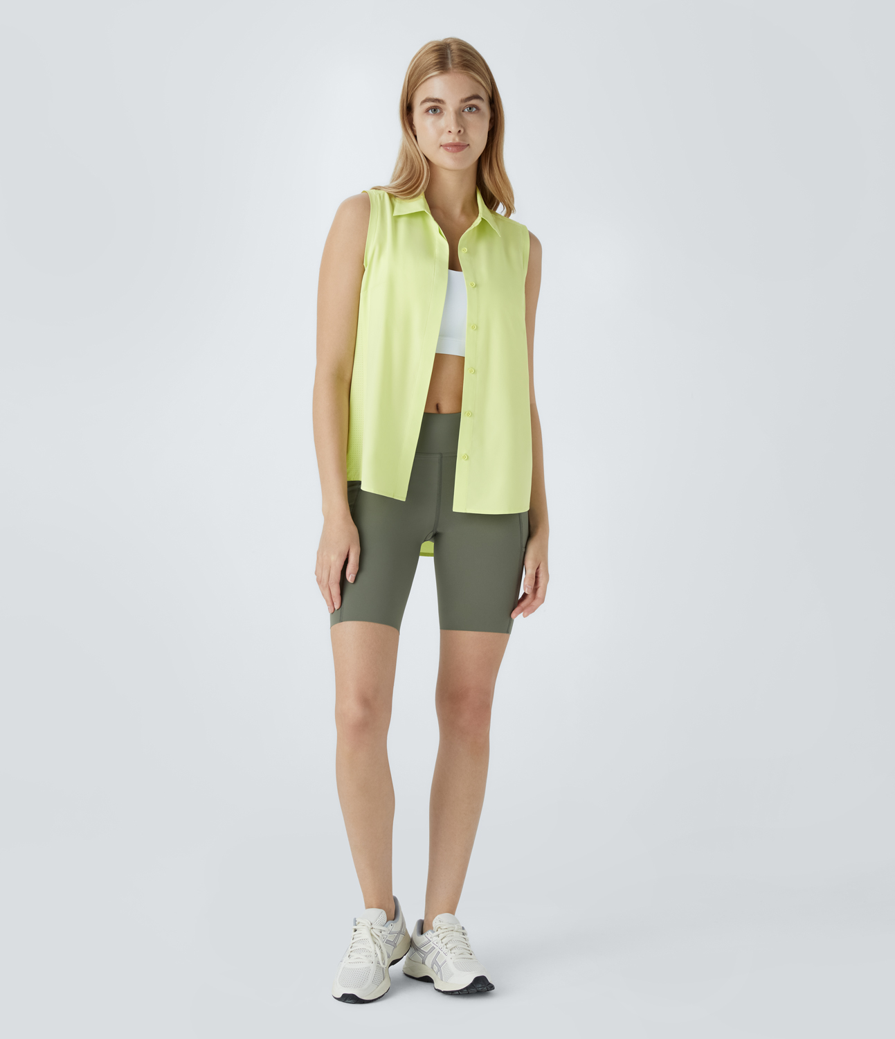 Halara Collared Sleeveless Button Curved Hem Hiking Shirt  - Luminary Green - XL 