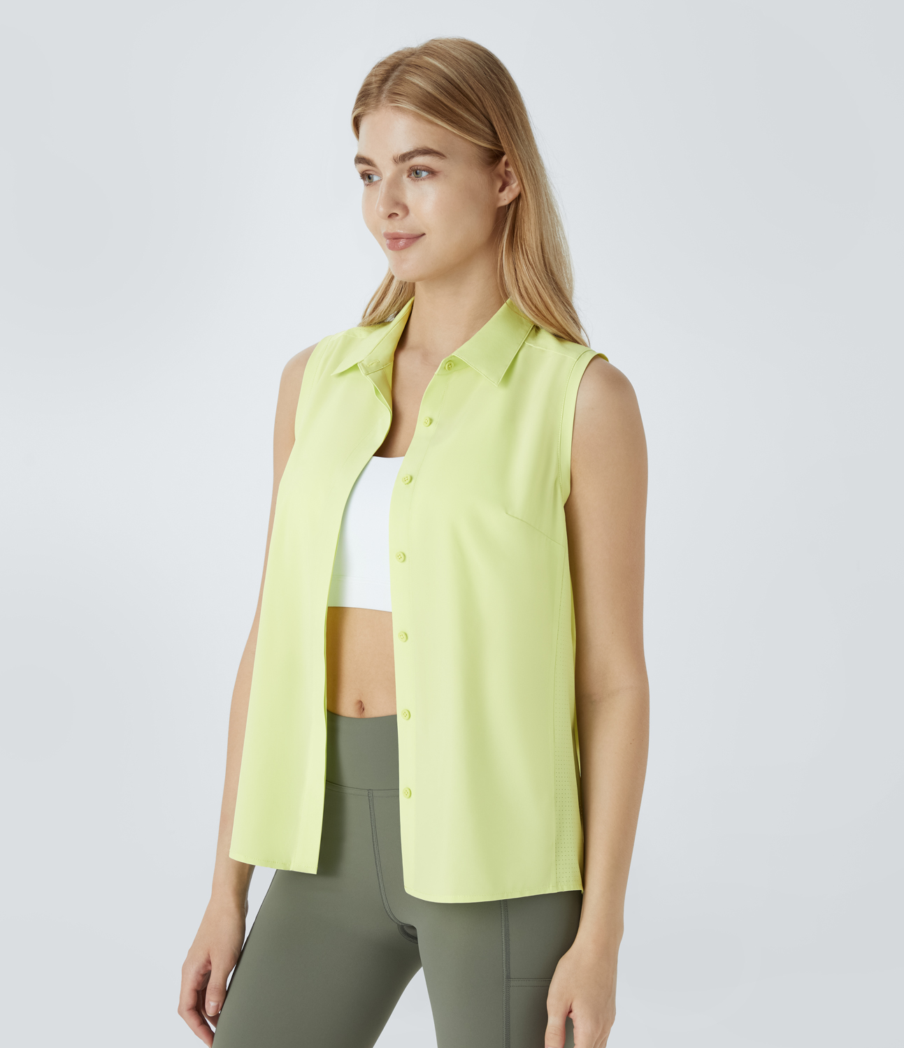 Halara Collared Sleeveless Button Curved Hem Hiking Shirt  - Luminary Green - XL 