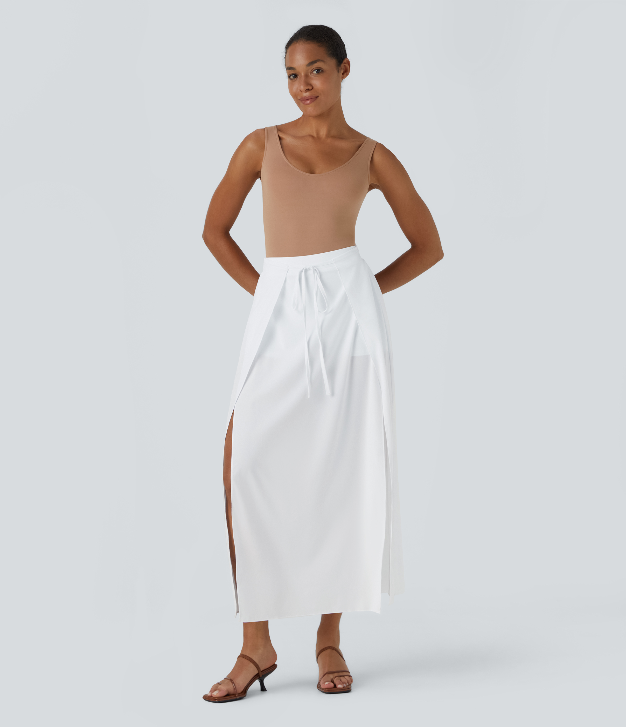 Halara Breezefulв„ў High Waisted Tie Front Plicated Split Flowy 2-in-1 Maxi Quick Dry Casual Skirt  - White - S(regular) 