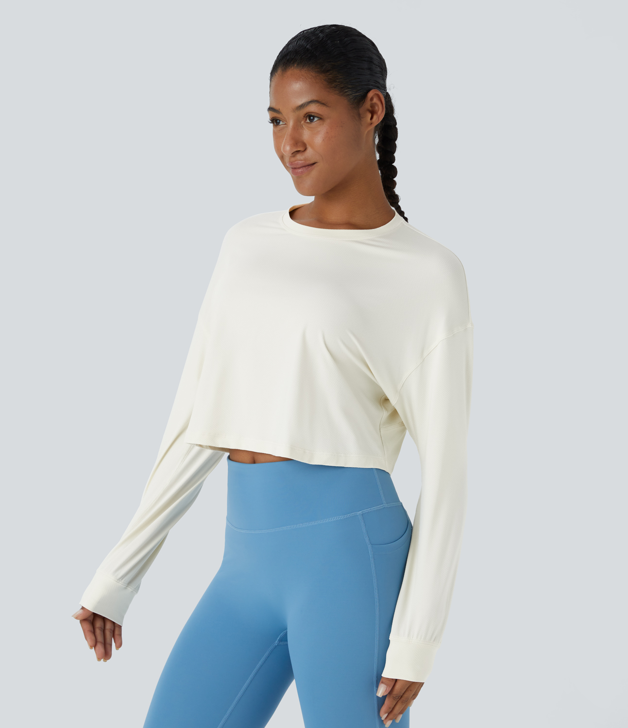 Halara Dropped Shoulder Long Sleeve Cropped Sports Top  - Snow White - S 